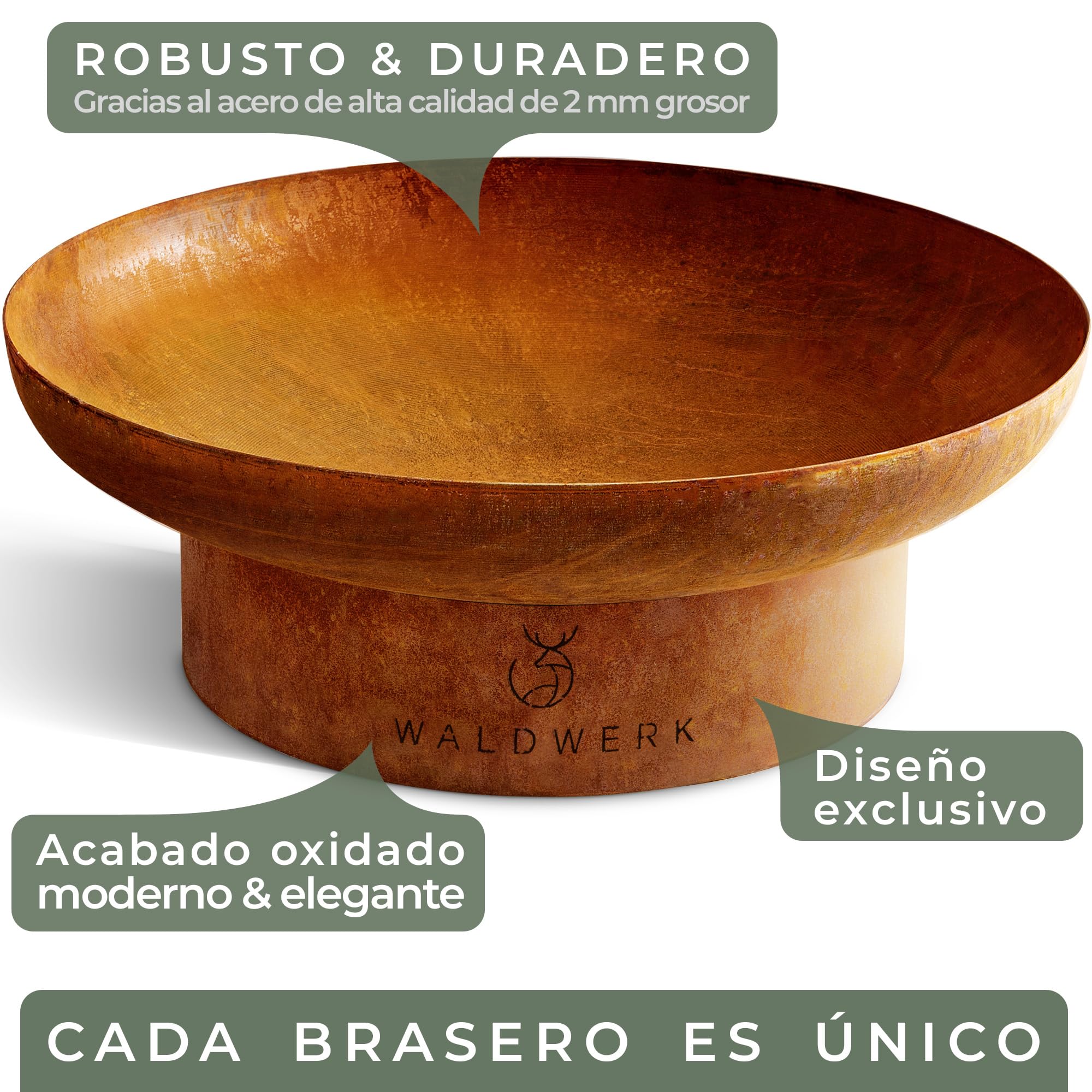 WALDWERK Basero Design – Brasero Exterior Jardin – Hogar de Fuego de Acero de 2 mm de Grosor – Brasero de 55cm con Aspecto Moderno de pátina de óxido