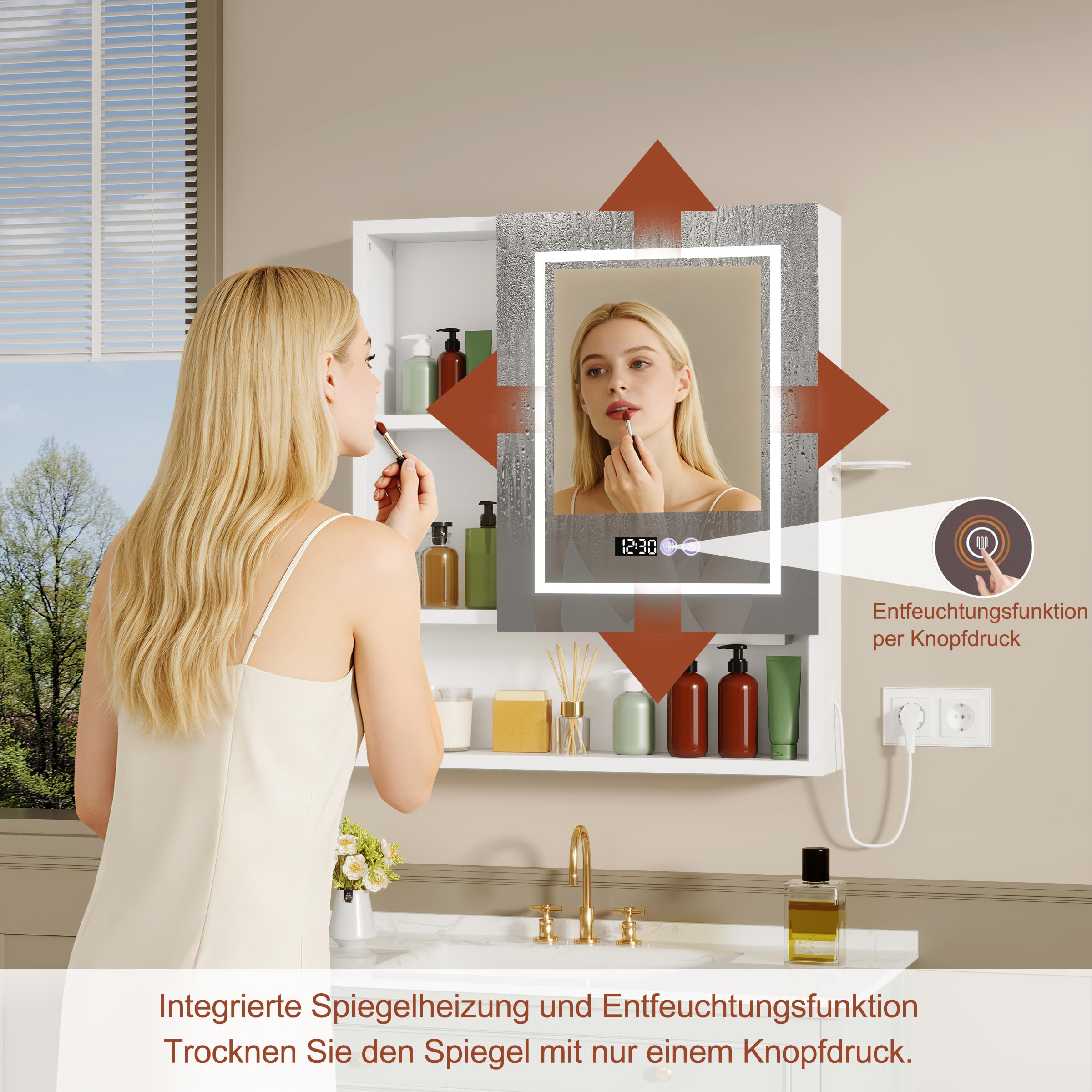 Spiegelschrank Bad mit Beleuchtung und Antibeschlag Funktion Hängender Badezimmer Spiegelschrank mit Zeit- und Temperaturanzeige,Steckdose,Haartrocknerständer und 6 Staufächer,70x80x16 cm