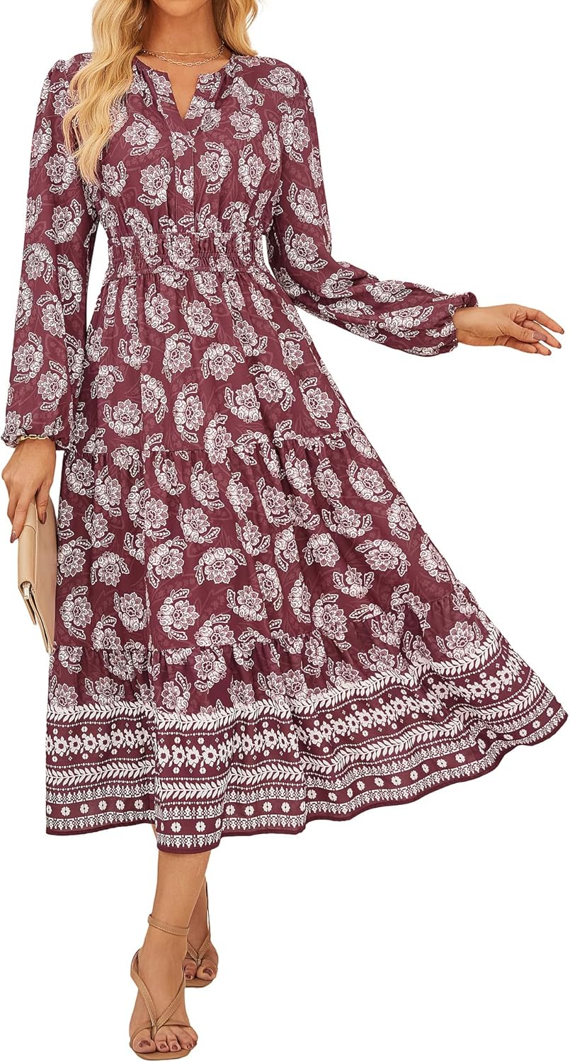 GRACE KARIN Long Sleeve Dress for Women 2026 Spring Wedding Guest Dress Floral Boho A Line Flowy Maxi Dresses with Pockets