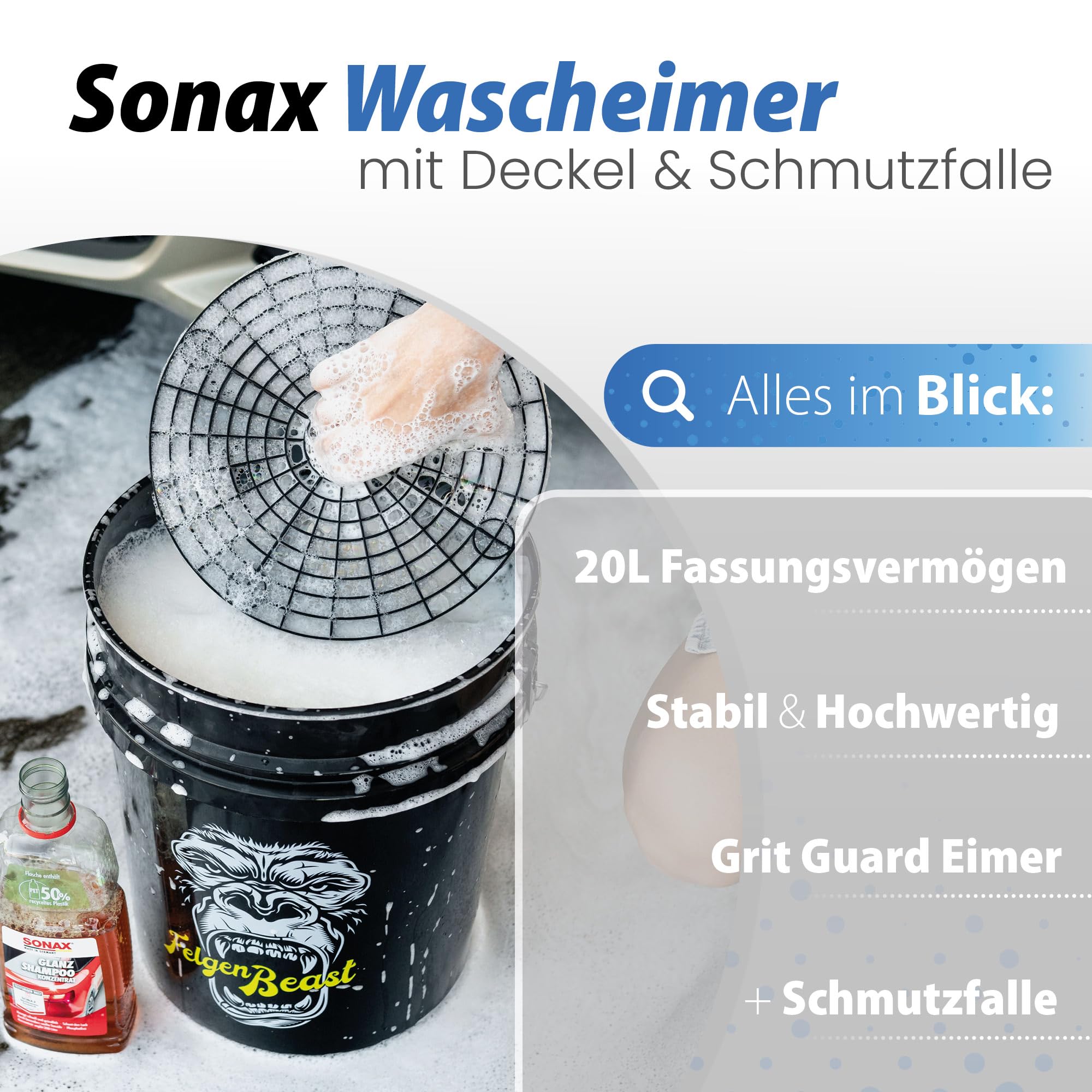 Autowäsche Set - SONAX: Autoshampoo Glanz Shampoo Konzentrat - Magic Bucket SONAX Felgenbeast Wascheimer mit Deckel & Schmutzfalle, Waschhandschuh mit Insekten Mesh - Autoreinigungsset Aussen