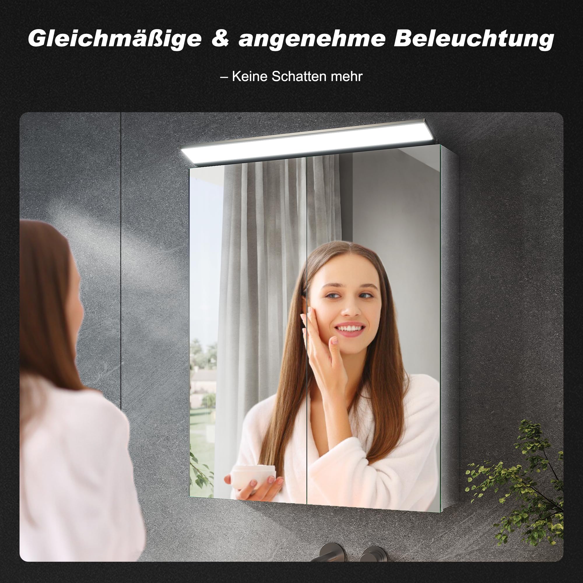 SONNI Spiegelschrank Bad 2-türig mit Beleuchtung 52x65cm, 201 Edelstahl Medizinschrank IP44 spritzwassergeschützt, viel Stauraum, Wandschalter & austauschbare LED-Leuchten