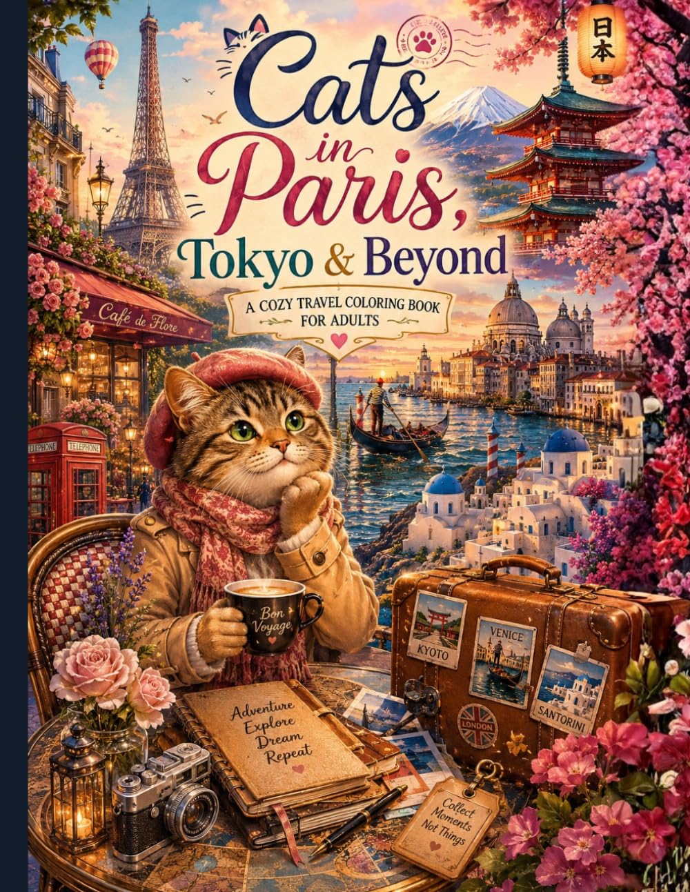 Cats in Paris, Tokyo & Beyond: A Cozy Travel Coloring Book for Adults