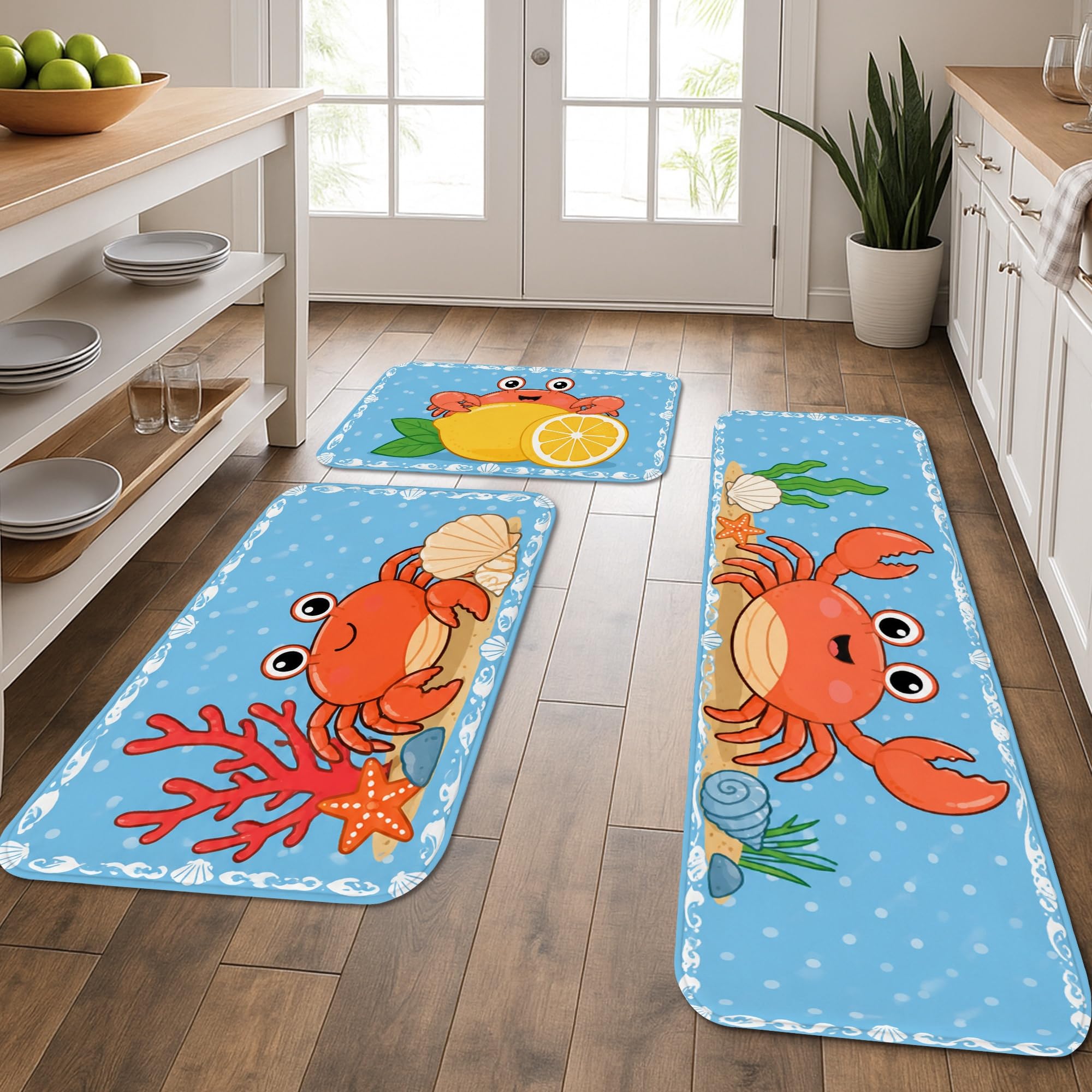 Tapis de cuisine crabe mer : ensemble de 3 tapis côtiers confortables lavables pour évier