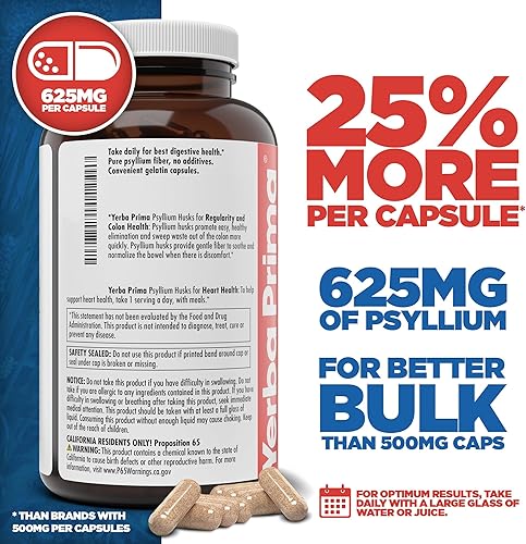 Vista 3 de Yerba Prima Cápsulas de cáscara de psyllium, 625 mg, 400 cápsulas, fibra natural para hombres y mujeres, suplemento de apoyo a la regularidad
