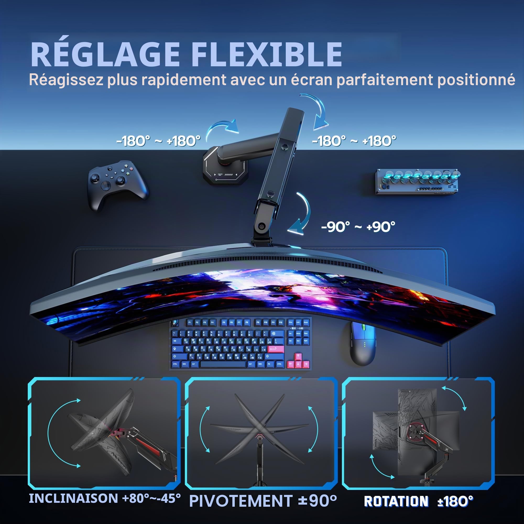 ARES WING Bras écran pc 17-40 Pouces Charge 12kg VESA 75/100 réglable Noir | Support écran pc plats & incurvés, multi-angle, fixation pince/trou，Gaming Monitor arm avec gestion câbles, aluminium