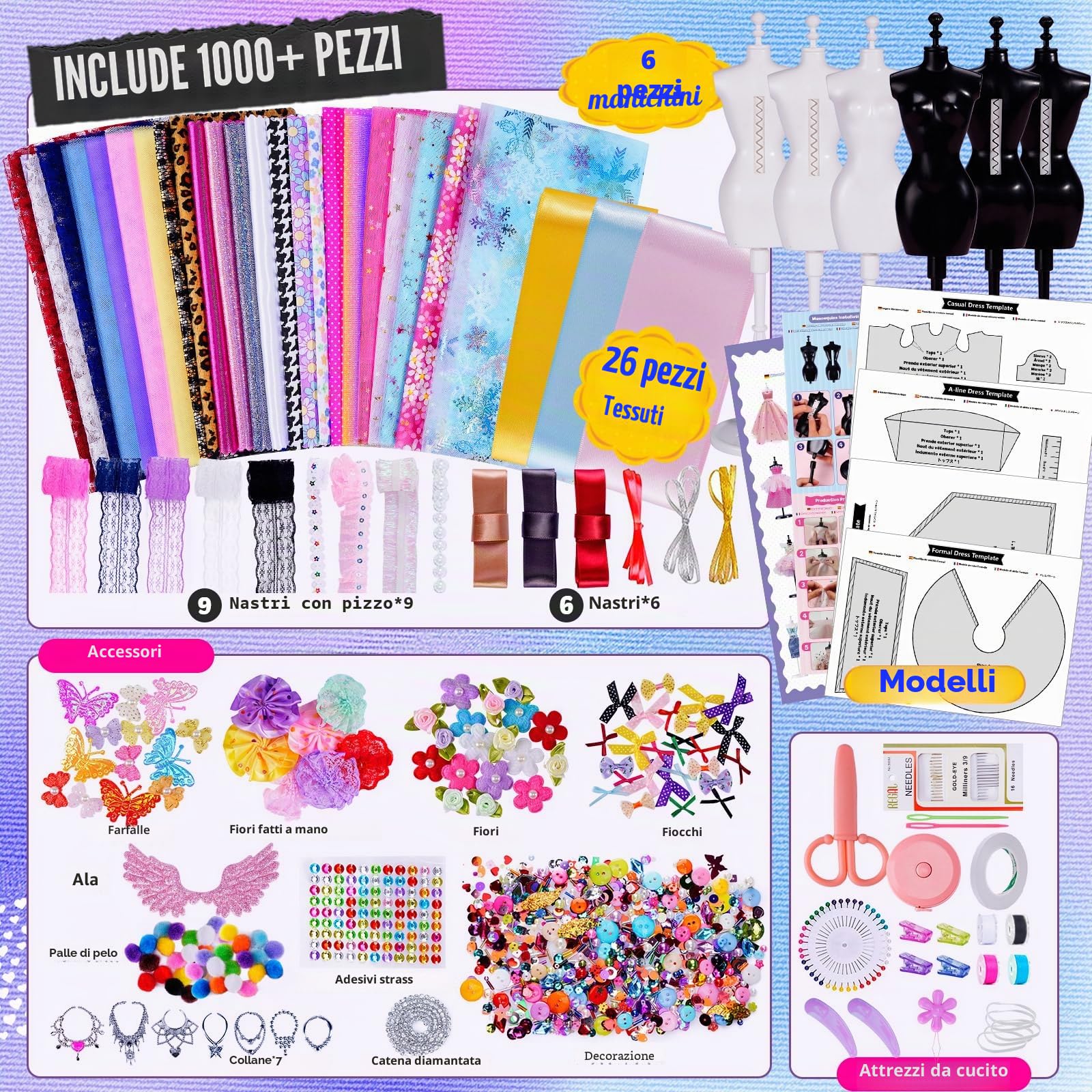 ONE TO FOUR 1000+ Pezzi – Kit Di Design Di Moda Per Ragazze con 6 Manichini, Kit Per Arte e Artigianato Creativi, Kit Da Cucito Per Bambini, Regalo di Compleanno per Bambine, 6 7 8 9 10 11 12+ anni