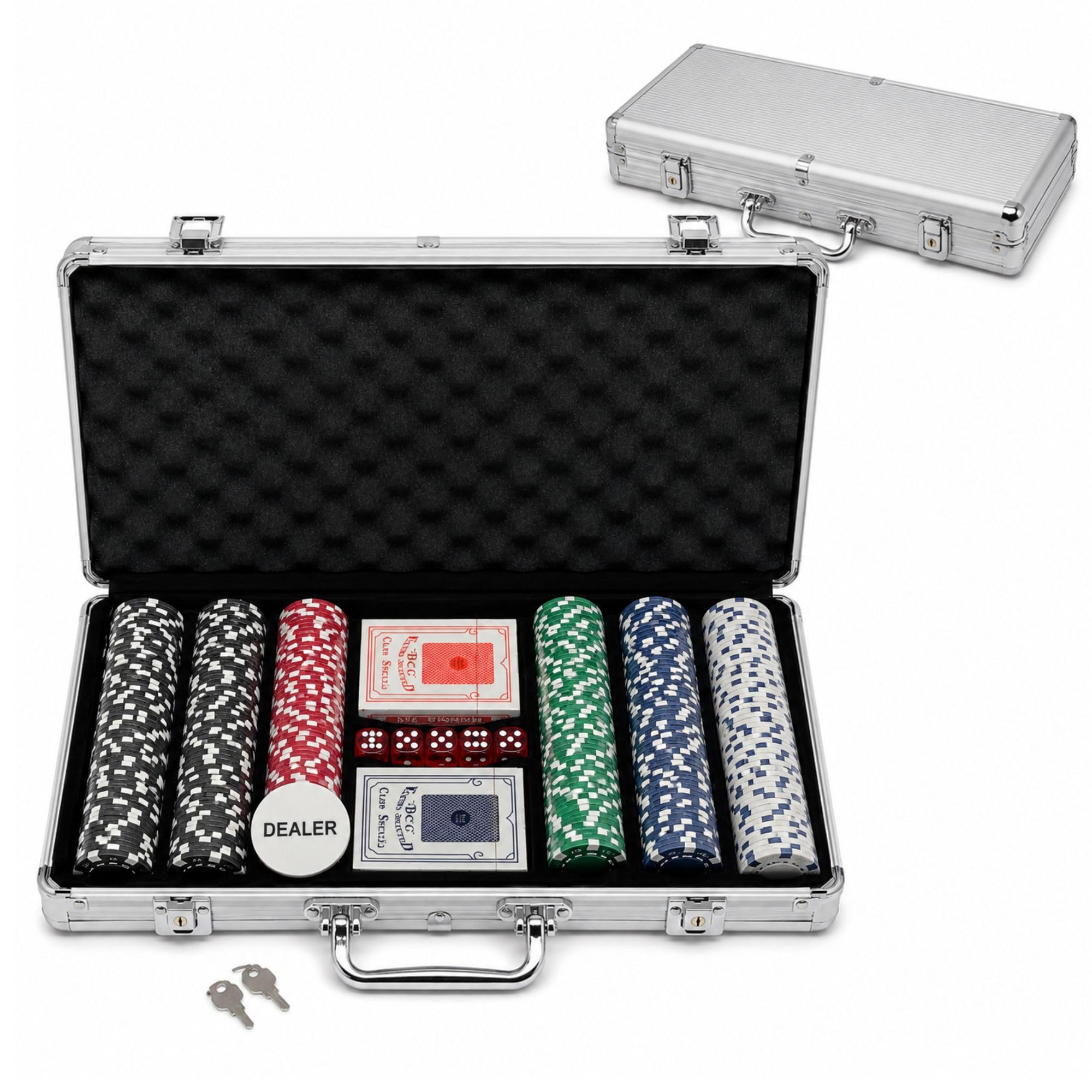 MAGIC SELECT Poker Set Spiel. Pokerset Komplett mit Metallkoffer 300 Pokerchips, 2 Kartendecks, 5 Würfel, Dealer Button und Schlüssel. Pokerkoffer für Zuhause, Partys und Spieleabende