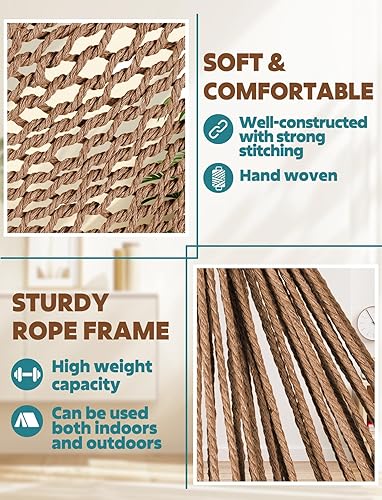 Miniatura 3 de Chihee Silla hamaca súper grande de tejido de cuerda de algodón hilado suave, plegable y resistente, barra esparcidora de metal, asiento ancho,