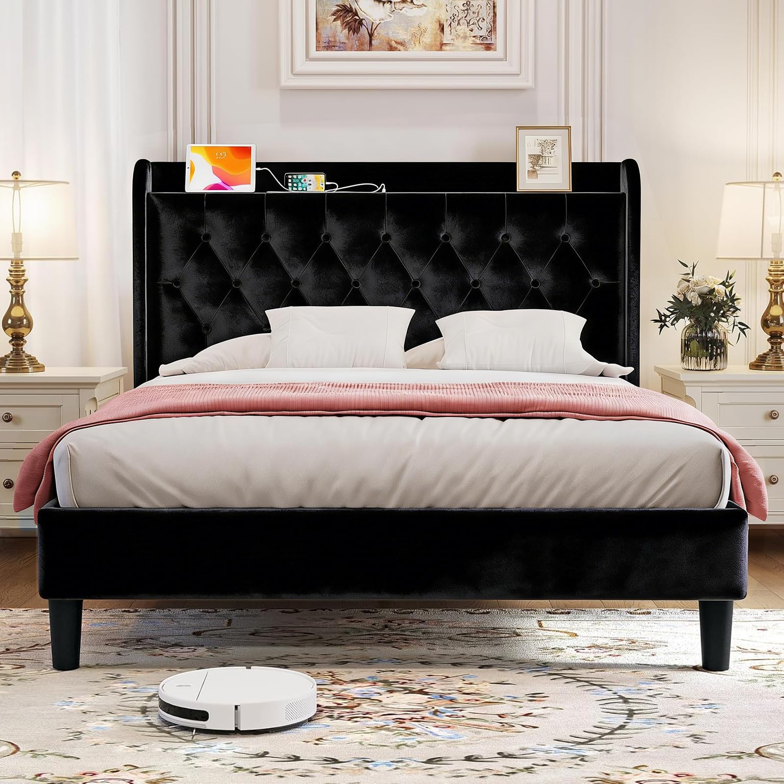 koorlian Queen Bed Frame with Headboard, Adjustable Upholstered Platform Bed Frame with Type-C&USB Ports, Wingback Storage Headboard, Solid Wood Slats Support, No Box Spring Needed, Luxe Black
