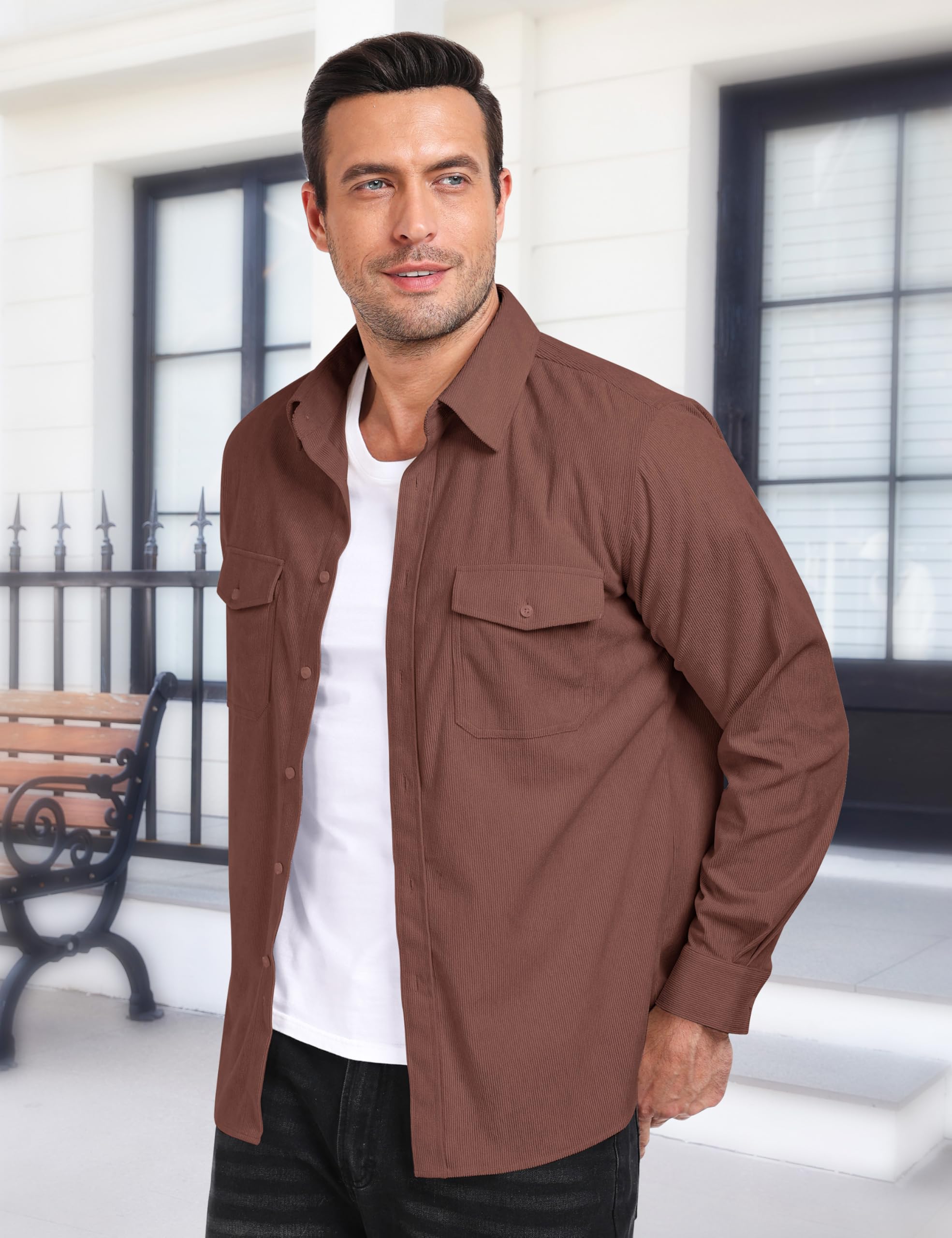 MoFiz Chemise en Velours Côtelé Homme Veste Chemise Boutonnée à Manches Longues Chaude Décontracté Haut Automne Hiver avec Poches