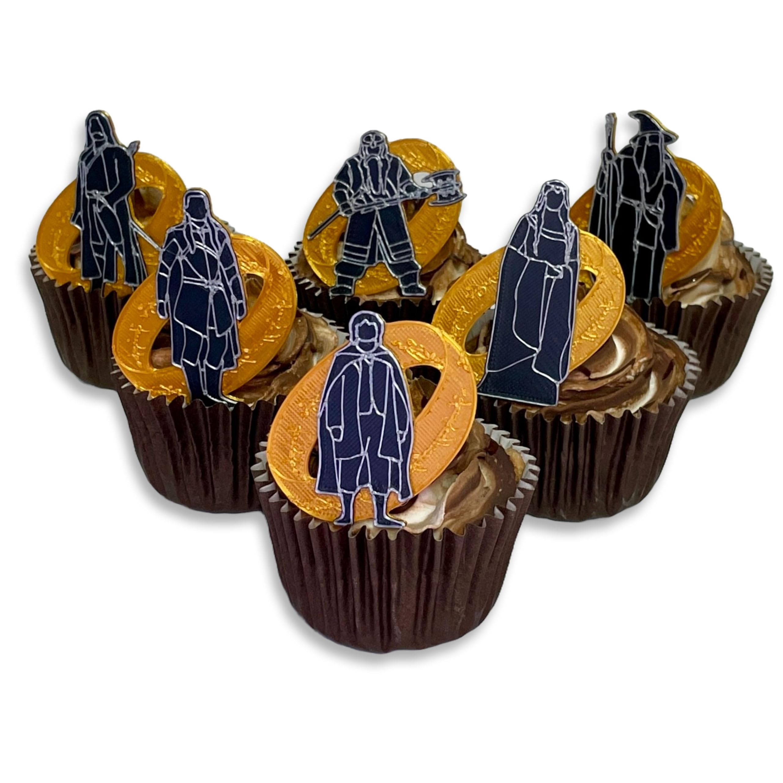 Middle Earth Characters Cupcake Toppers, Gold and Black, Set of 6