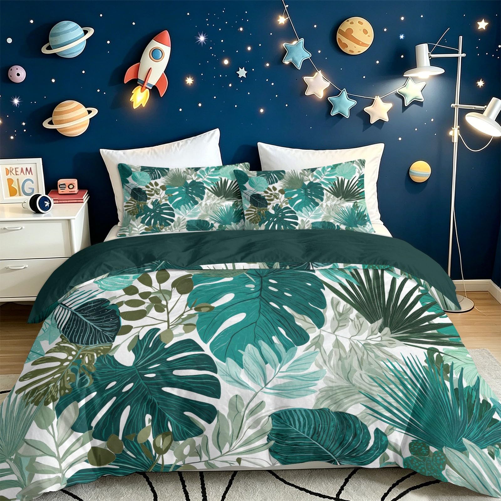 Nowoczesna, skandynawska pościel 155 x 220 cm, dwustronna pościel, ciemnozielona, tropikalna roślina, monstera, liść palmy, zestaw pościeli z mikrofibry, z zamkiem błyskawicznym i 2 poszewkami na