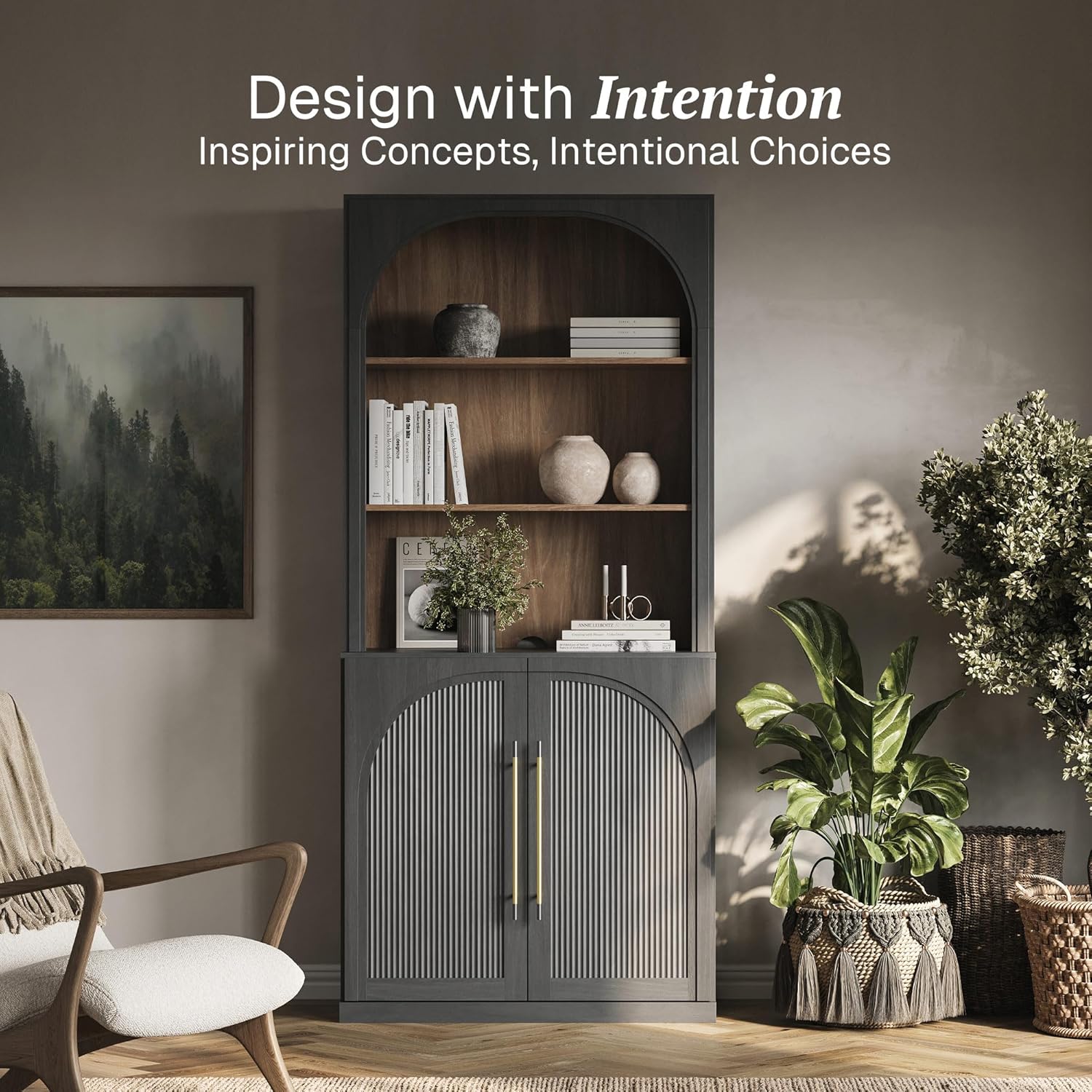 BELLEZE Tall Arched Storage Cabinet with Hutch,Modern Bookcase with Drawers,Freestanding Display Shelf with Fluted Design,Wood Highboard for Living Room,Kitchen Pantry,Home Office - Ebony