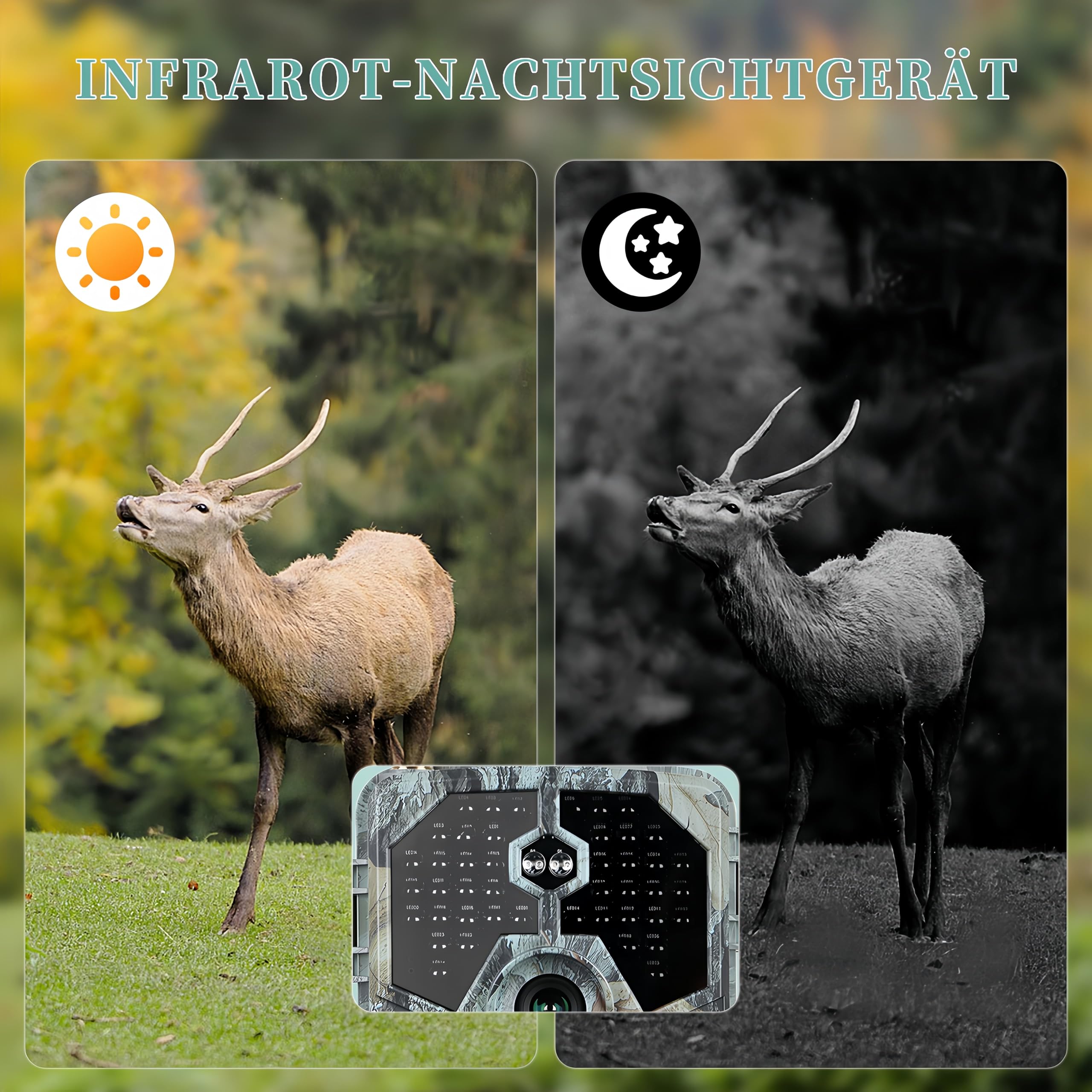 Wildkamera 64MP 4K Nachtsichtkamera mit WLAN & Bluetooth, Bewegungsmeldung für Jagd, Wald, Überwachung und Forschung, Video mit Tonaufnahme, Passwort Schutz, IP66 Wasserdicht, 120° Weitwinkel
