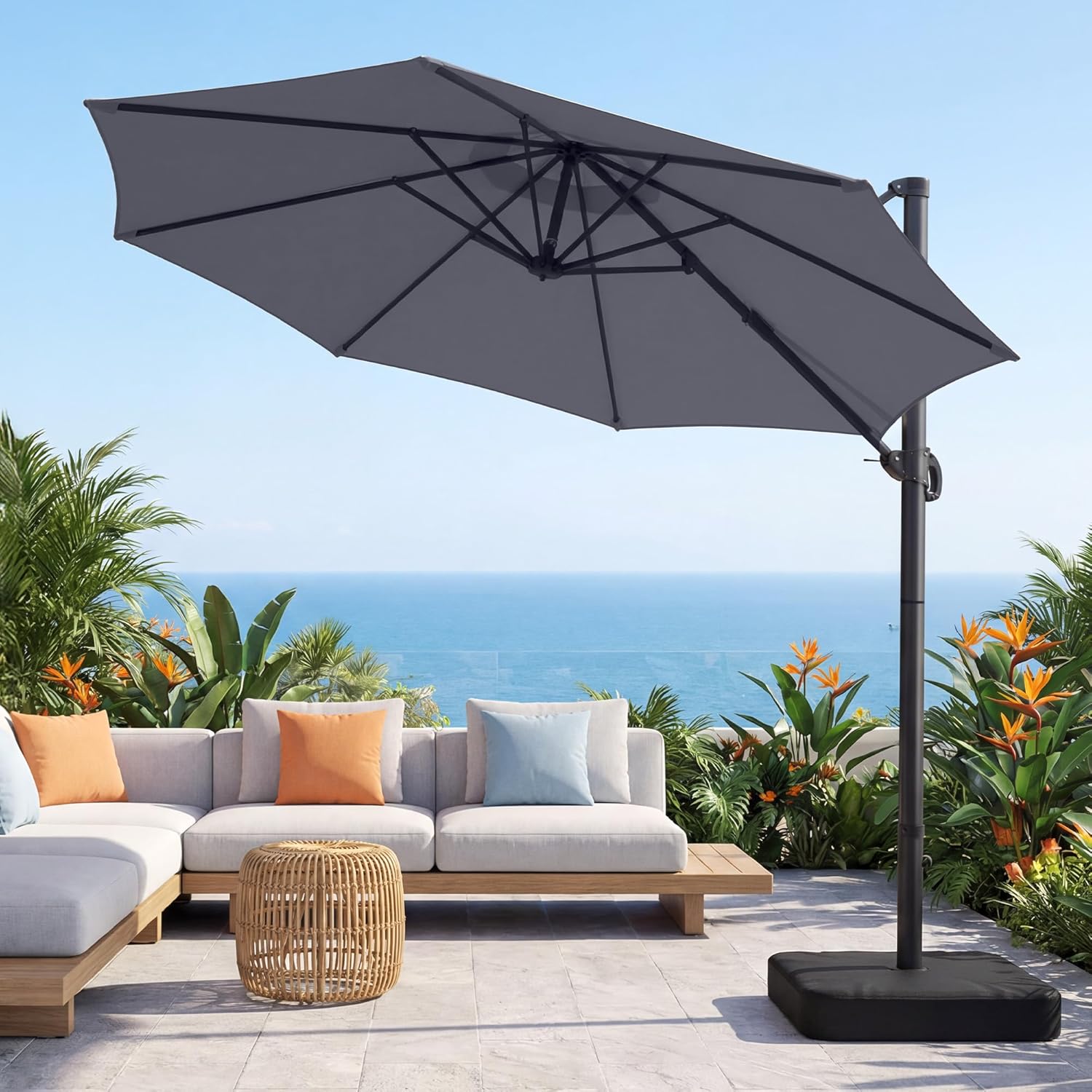 OLILAWN 10ft Patio Umbrella with Base Included, Large Cantilever Offset Outdoor Umbrella with 360°Rotation & Infinite Tilt, Heavy-Duty Frame for Deck, Pool, Backyard, Garden, Champagne