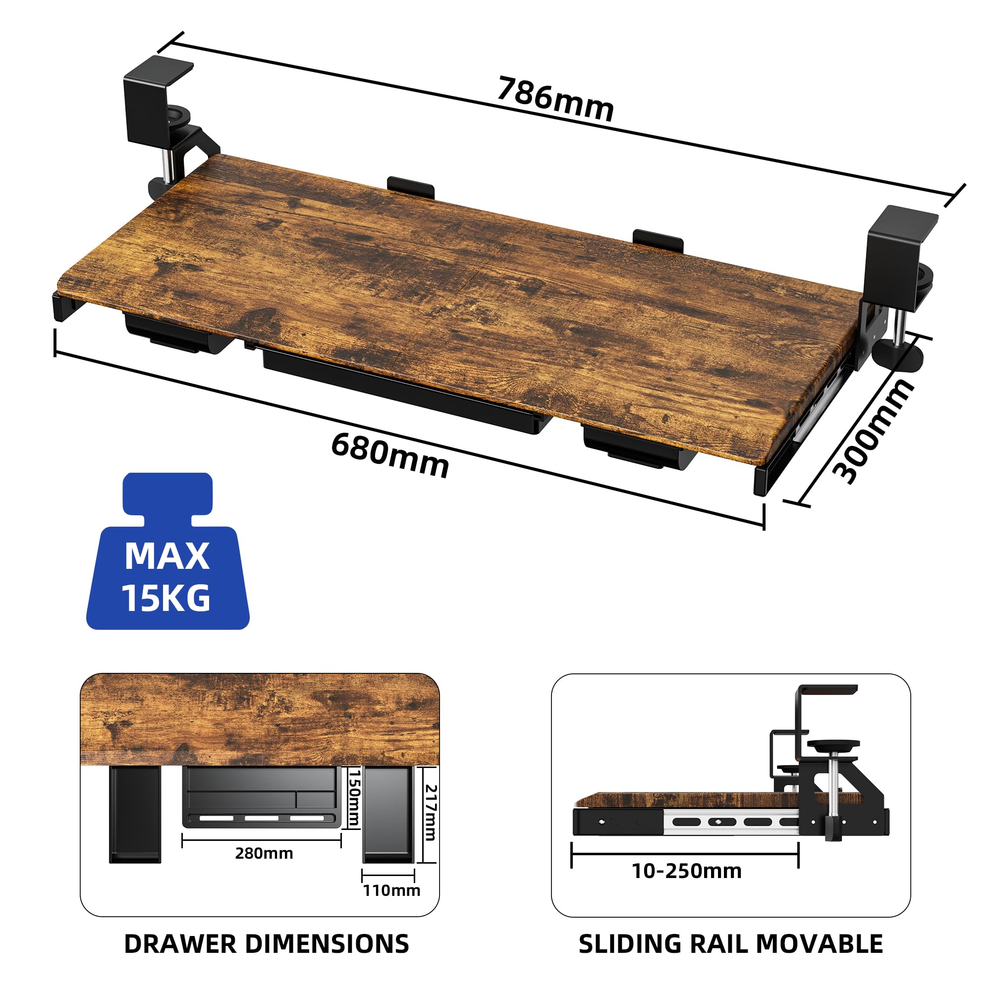 ETHU Bandeja para teclado debajo del escritorio con cajones de almacenamiento, cajón de teclado de 68 x 30 cm con abrazadera en C, estante retráctil para teclado debajo del escritorio para el hogar y