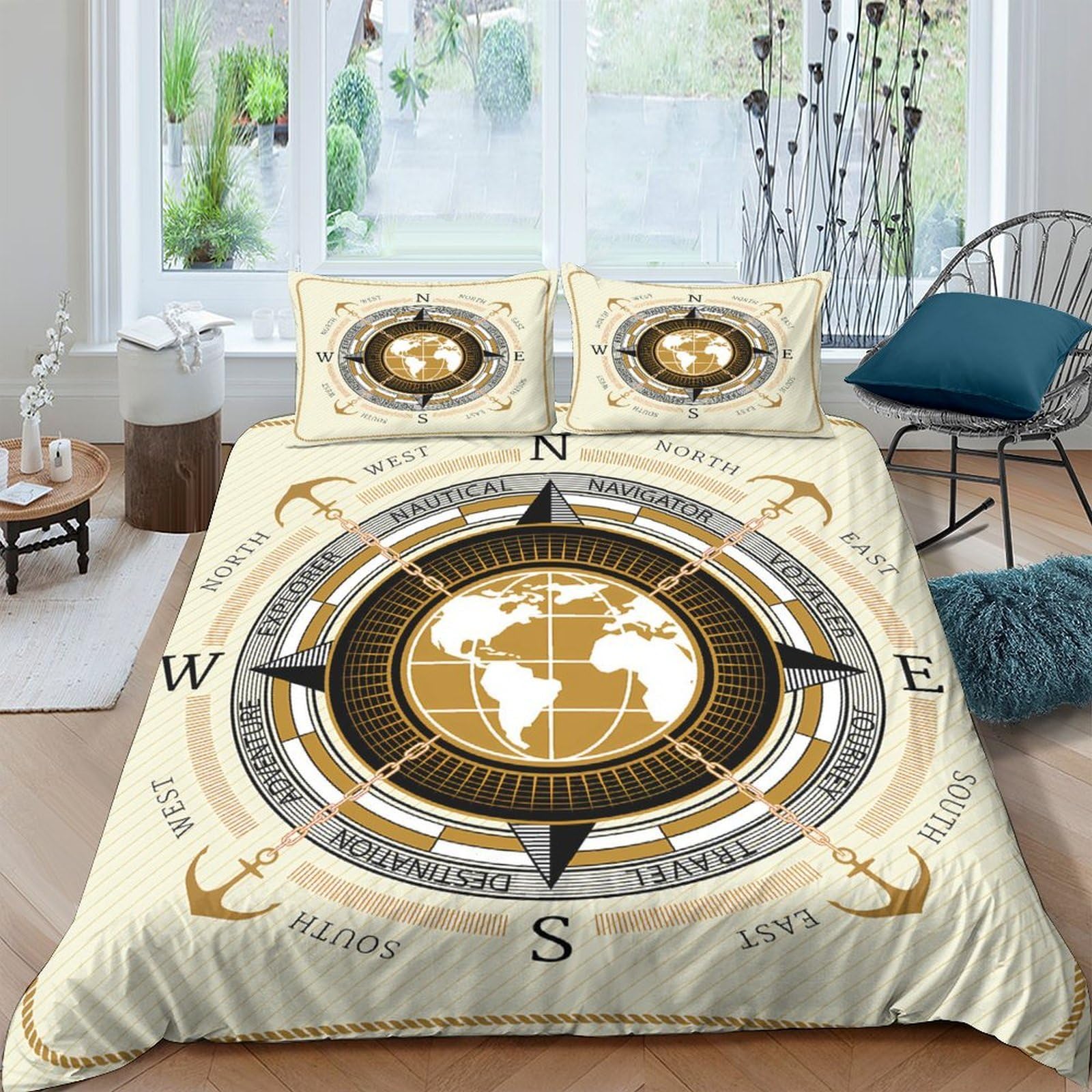 Ctjqhvkz Style-7 3D Printed Compass Map Fitted Sheet Microfiber Soft Gold Black World Map Mattress Cover Bedroom Dorm Decor Single（135X200cm）