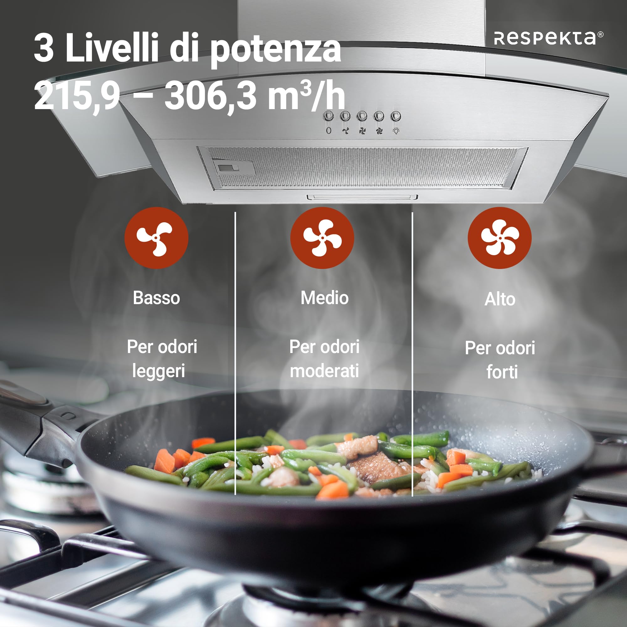 Respekta Cappa aspirante/cappa a parete 60 cm/struttura in acciaio inox con pannello copriluce in vetro/funzione di espulsione e ricircolo dell'aria / CH0160IXB / B / 58-62 dB