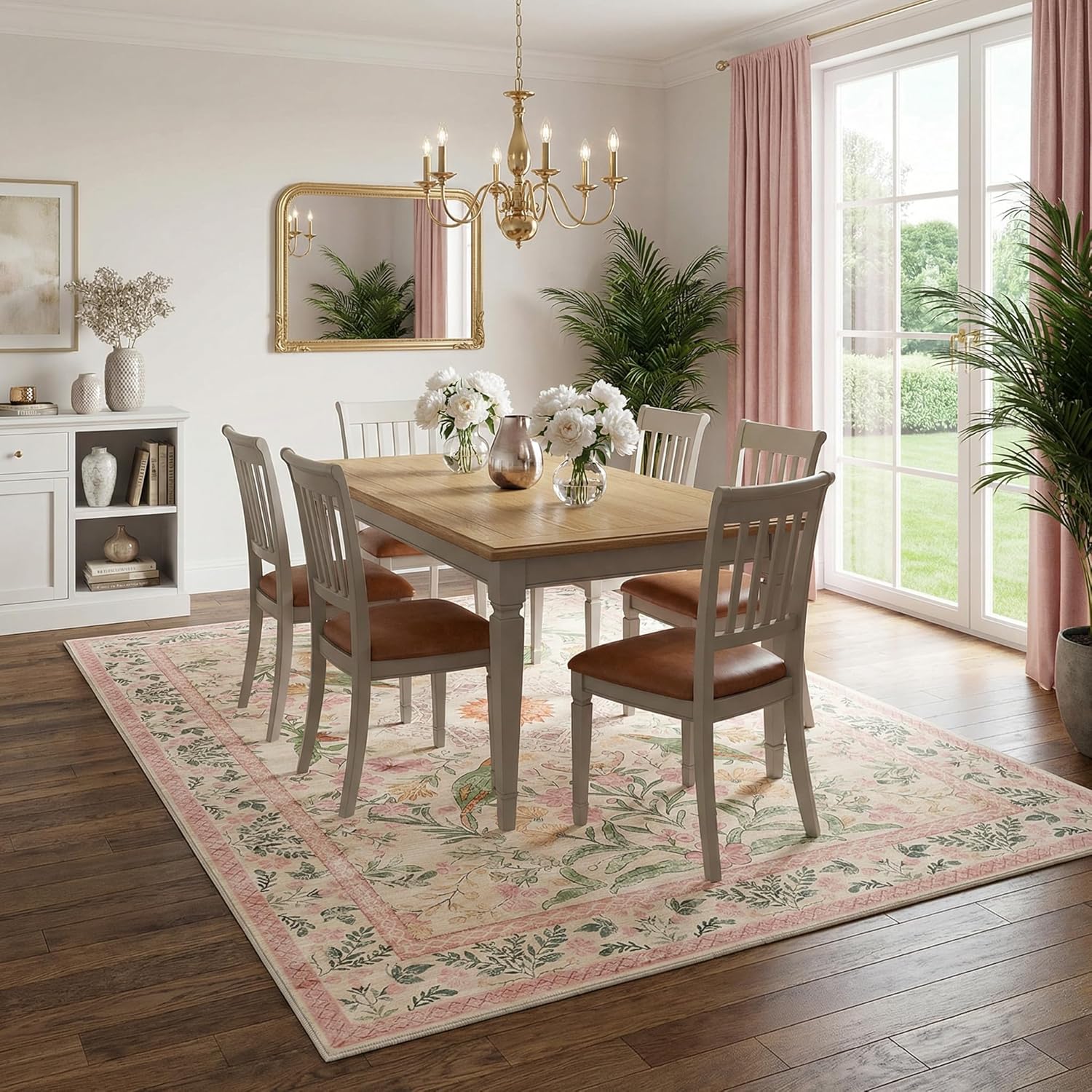 Ultra Soft Washable Nursery Rug 5'x7', Vintage Bohemian Floral Pink Area Rug for Baby Girl Room, 0.26" Low Pile Faux Wool Carpet for Tummy Time - Silicone Non-Slip Backing for Hardwood Floors