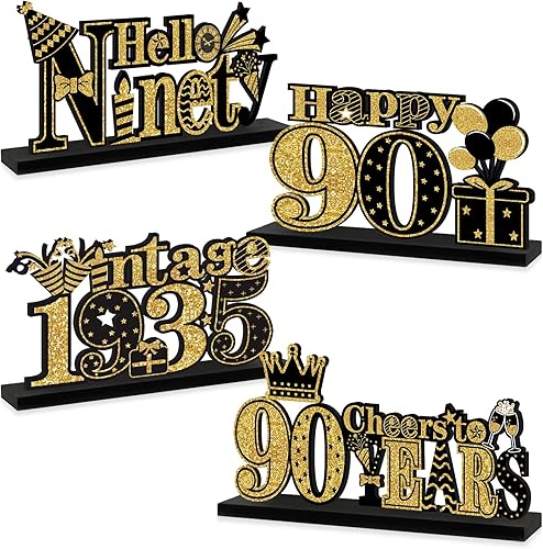 4 piezas de decoración de 90 cumpleaños de madera vintage 1935 suministros de mesa para fiestas, letrero de centro de mesa de feliz 90 aniversario,