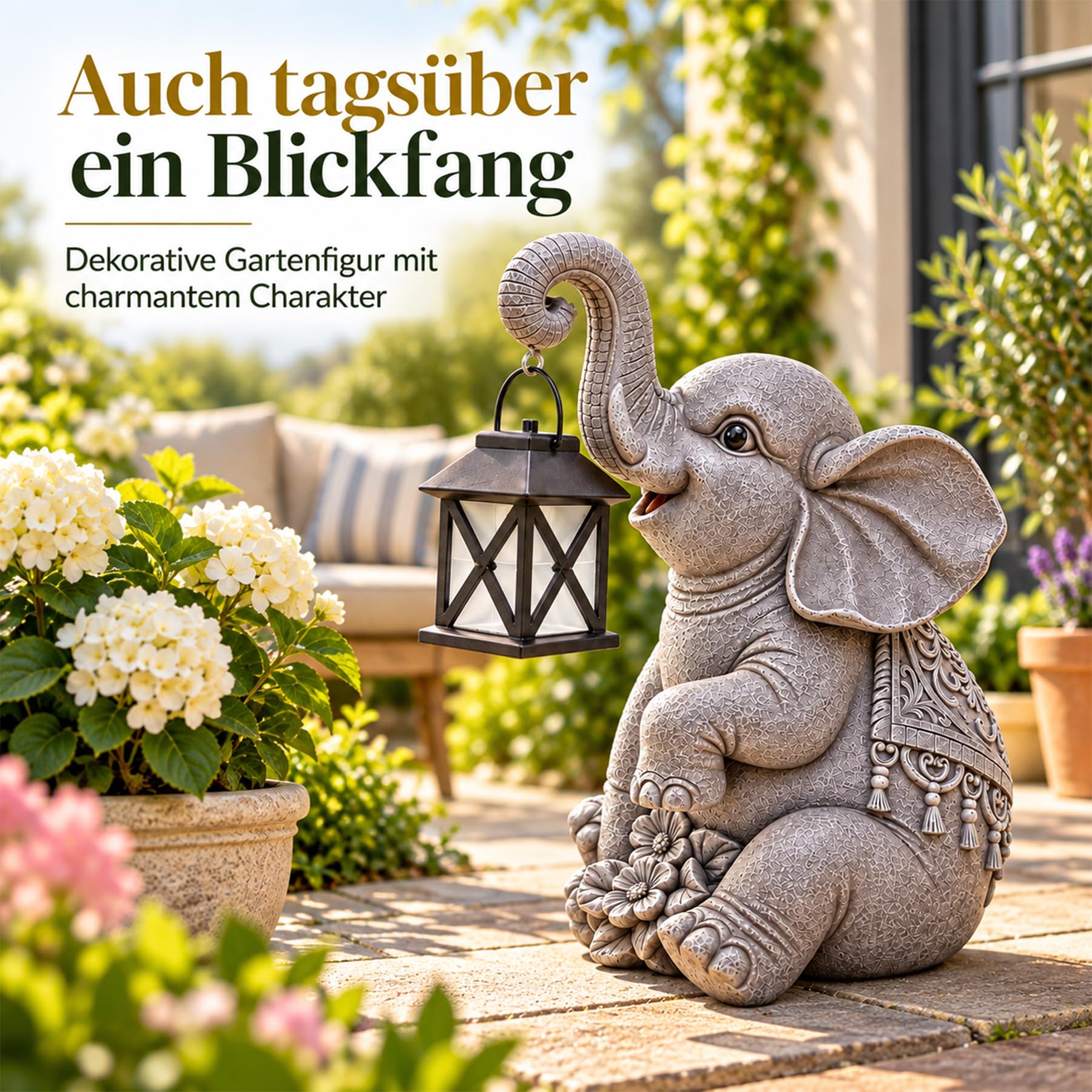 Sunshine smile Statua decorativa da giardino a forma di elefante con lanterna, decorazione da giardino per esterni, regalo per mamma, decorazione per terrazza, balcone