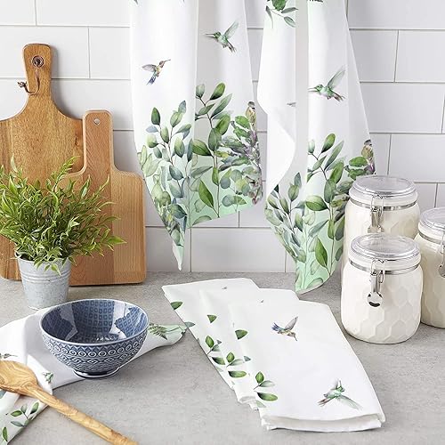 Miniatura 3 de Juego de 2 paños de cocina reversibles para secar platos, hojas de colibrí y hojas de color verde degradado, toallas de mano de algodón, toallas de
