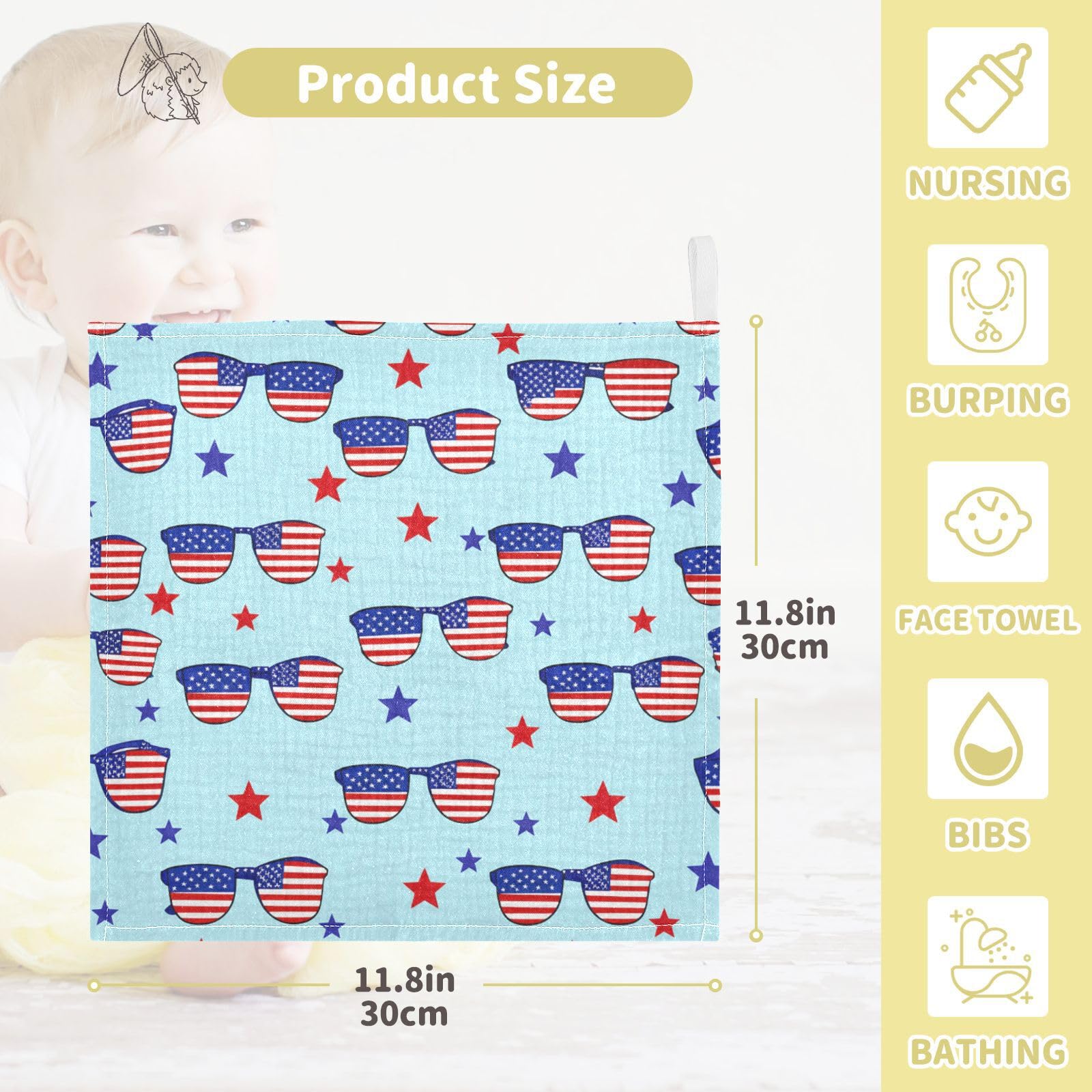 Nander 3Pack Baby Muslin Washcloths,Independence Day Soft Face Cloths for Newborn, Absorbent Bath Wash Cloths, Wipes, Burp Rag,Toddlers Essentials Stuff, Baby Registry as Shower
