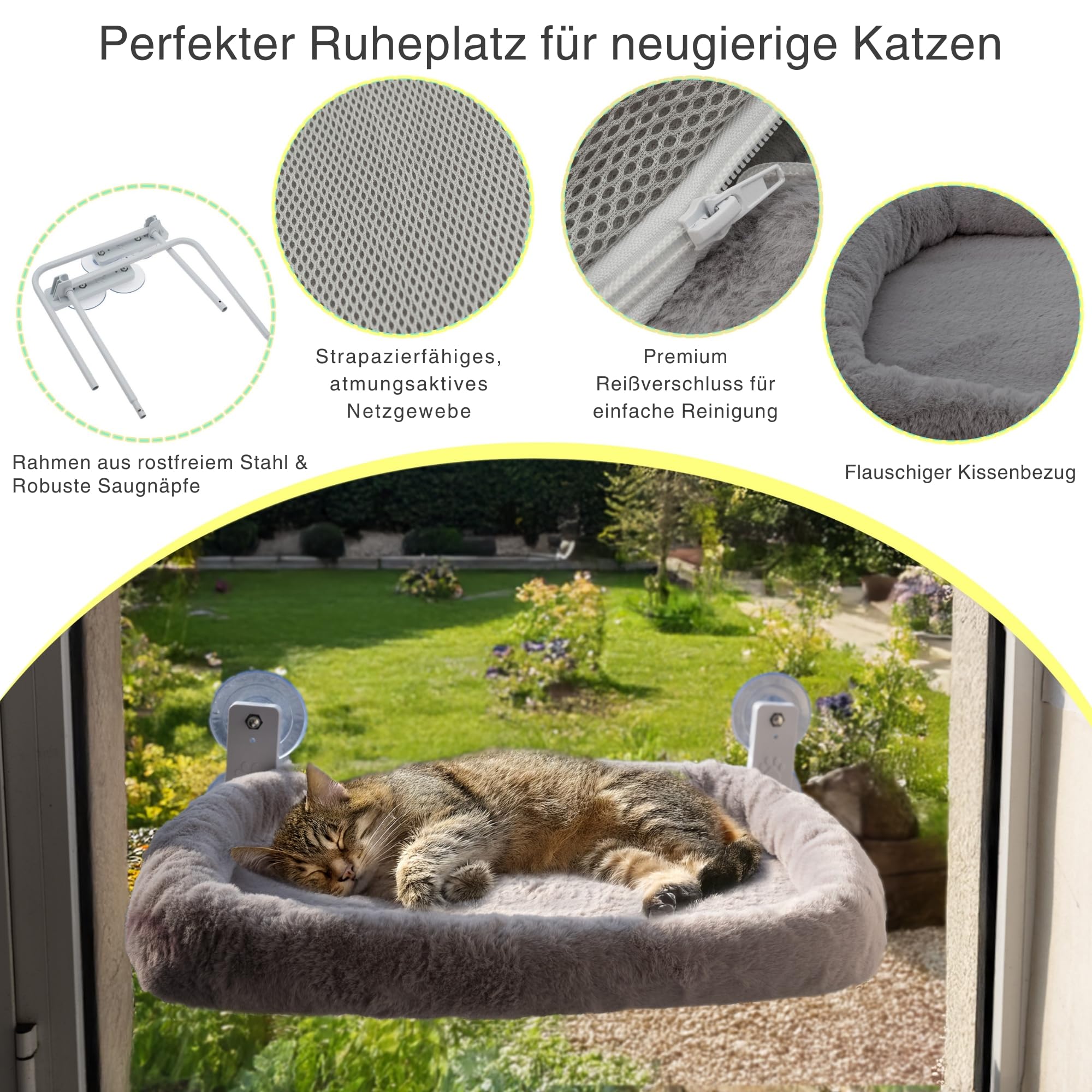 Katzen Fensterliege – Stabile Fensterliege für Katzen mit Waschbarem Kissen | Bequeme Hängematte für Fenster bis 18 kg | Platzsparendes Katzenbett & Zubehör