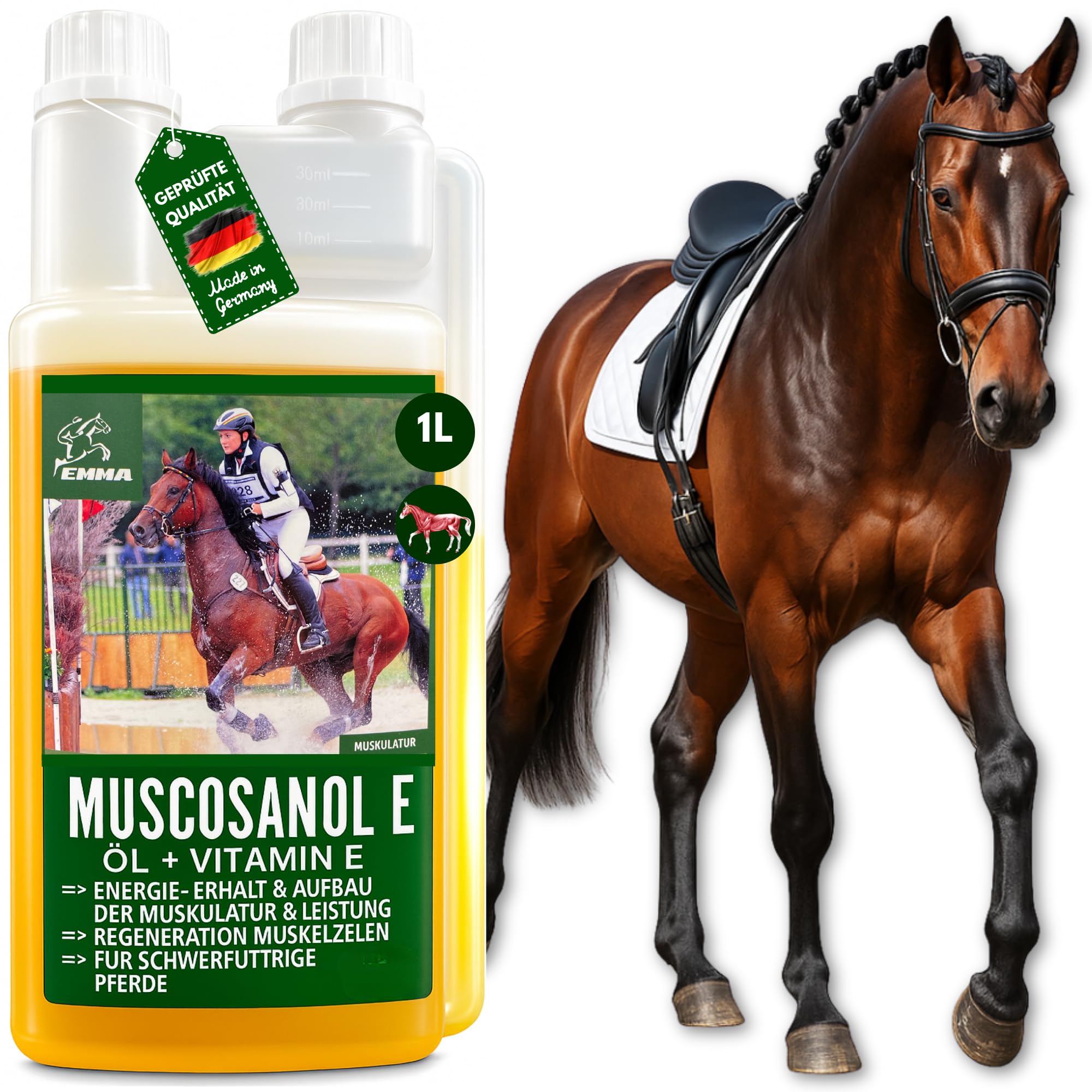 Líquido de Refuerzo Muscular para Caballos con Aceite de Germen de arroz Vitamina E Caballo Aceite de linaza I alimento reconstituyente I vitaminas alimento suplementario para el Refuerzo Muscular 1L