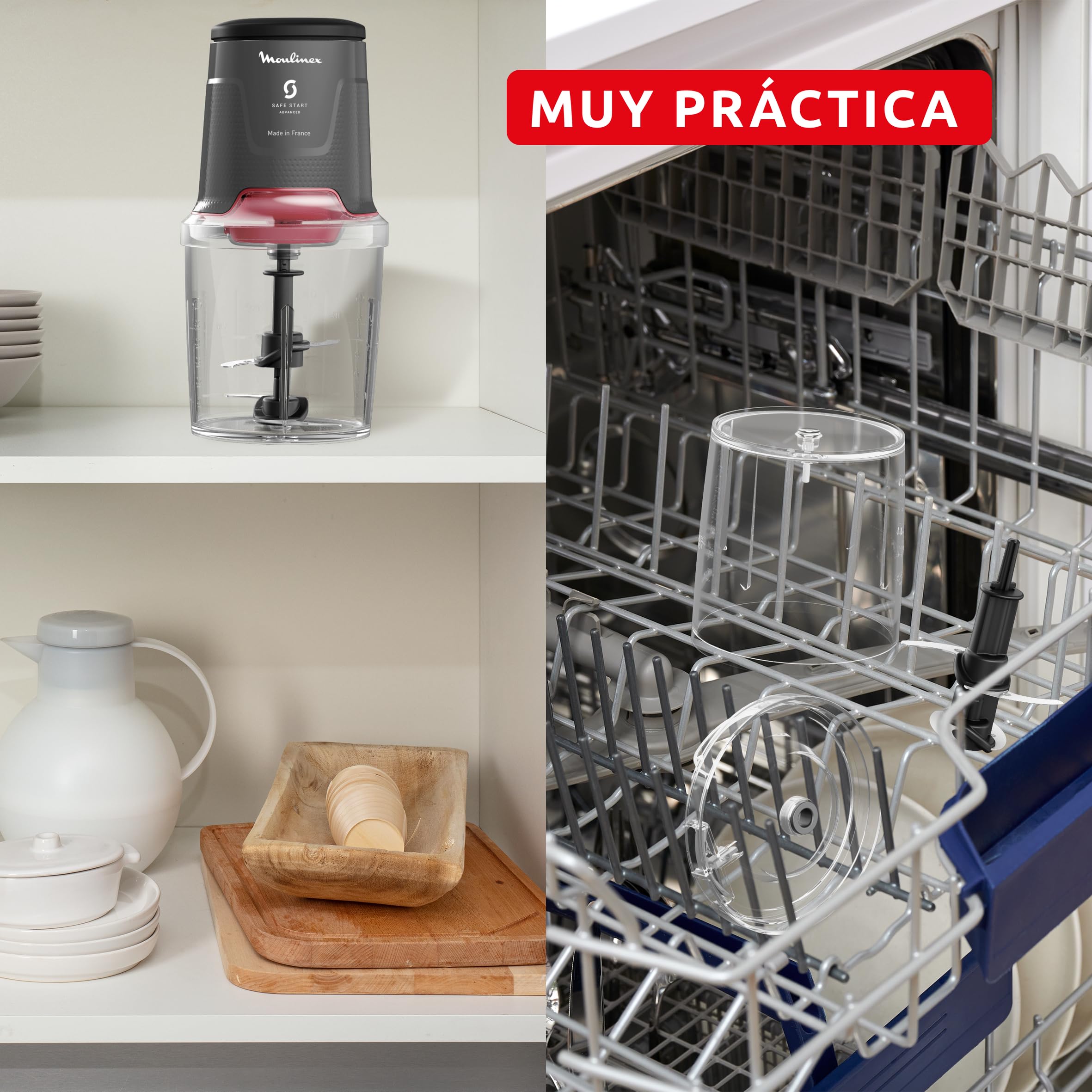 Moulinex Easy Press, Picadora de alimentos, 600 W, Capacidad de 500 ml, 4 cuchillas afiladas de acero inoxidable, Tecnología Safe Start Advanced, 3 funciones, Apta lavavajillas, Gris, AT740HF1