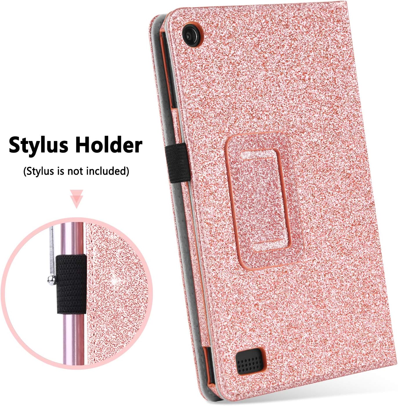 BENTOBEN Kindle Fire 7 Case (Compatible with 7th and 9th Generation Tablet, 2017 and 2019 Releases), Glitter Folio Stand with Stylus Holder Auto Wake/Sleep Protective Case for Amazon Fire 7, Rose Gold