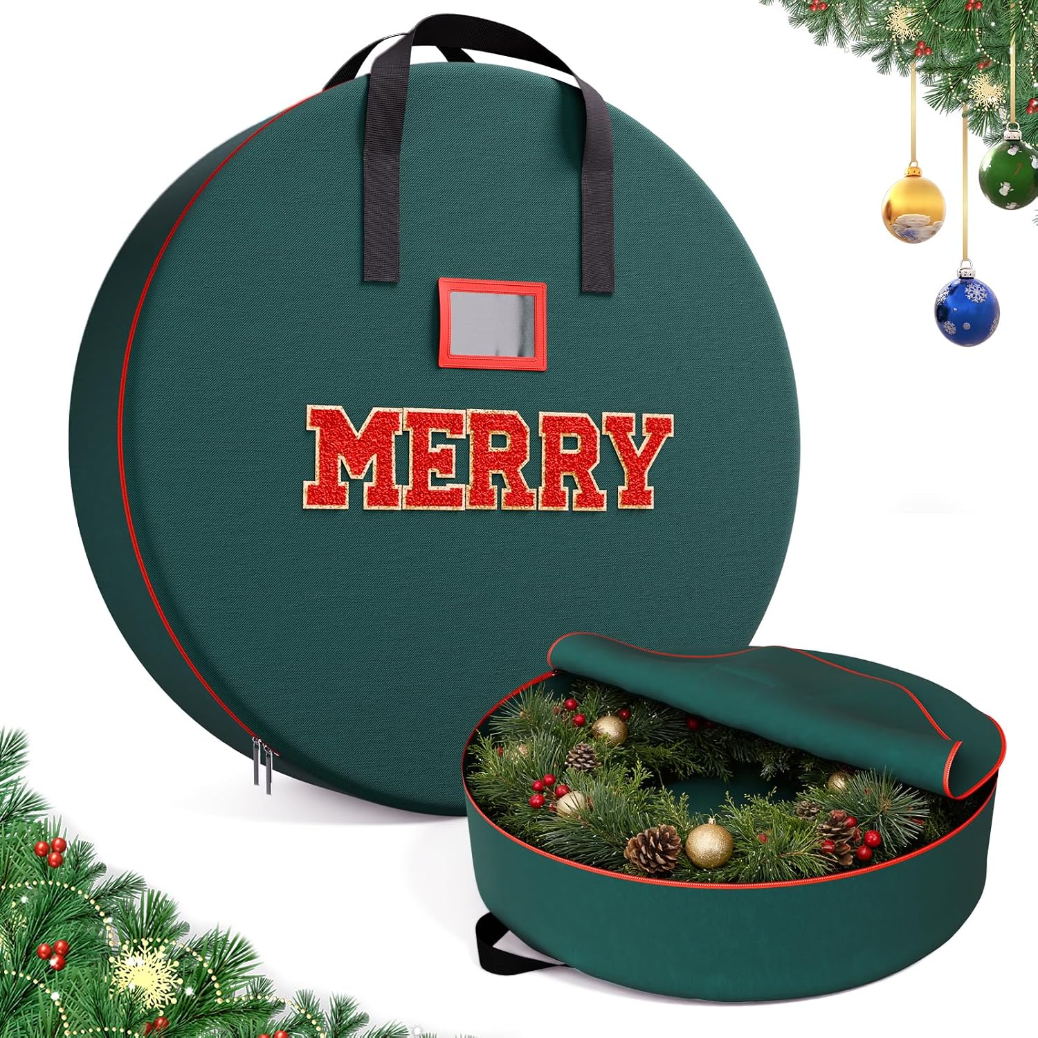Christmas Wreath Storage Container 30 Inch With MERRY Chenille Letters, Wreath Bag Box Garland Ornament Storage With Waterproof Fabric Dual Zippered And Handles