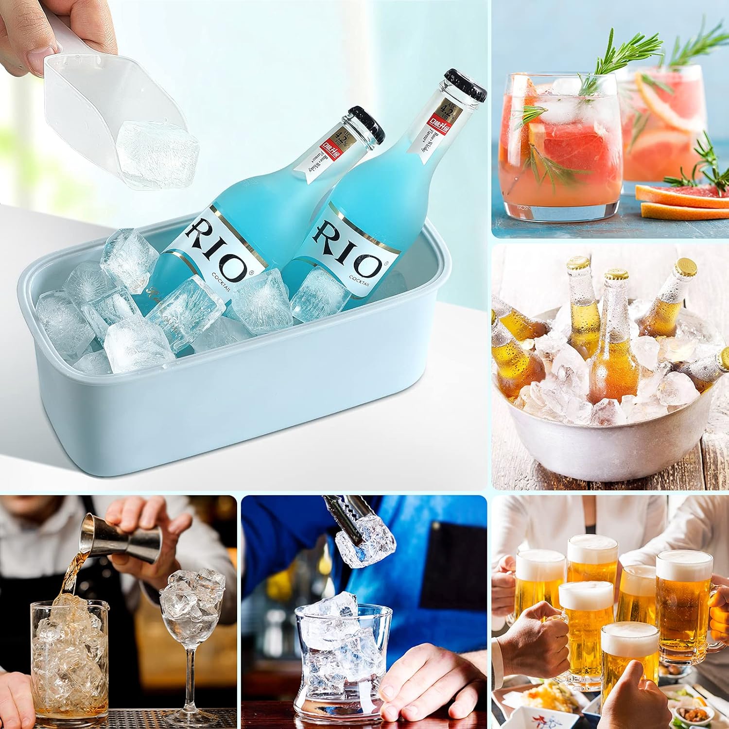 Ice Cube Tray Silicone Ice Tray Cubes Mold Flexible Safe Ice Cube Molds Easy Release Ice Mold Maker Portable Box in the Freezer Ice Storage Container Bin with Lid Scoop (Blue)