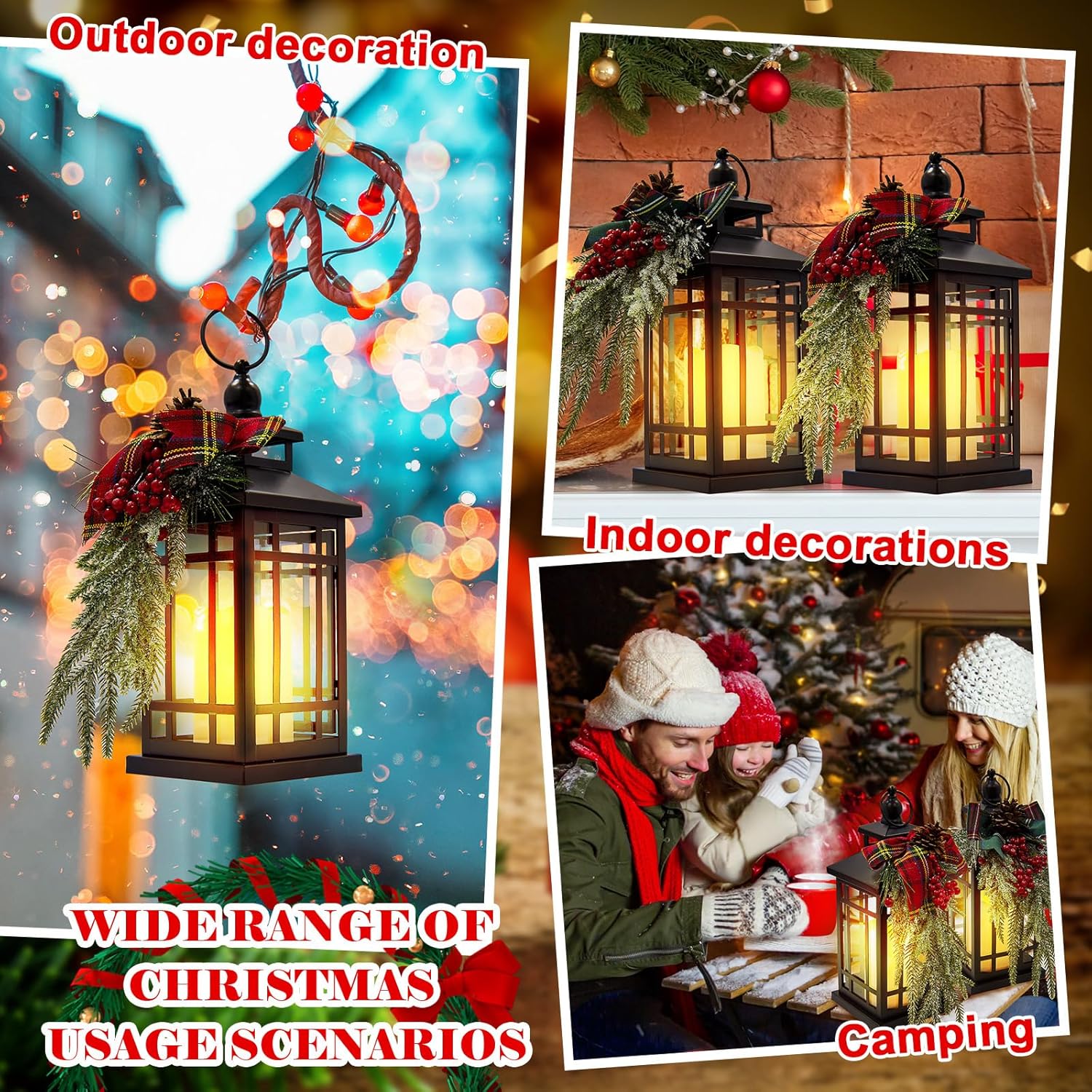 ROCEEI 2 Set Christmas Decorative Lantern Porch Decorations with LED Flickering Flameless Candle 14 Inch Vintage Hanging Lantern Xmas Centerpieces for Tables Indoor Outdoor Decor (Vintage Style)