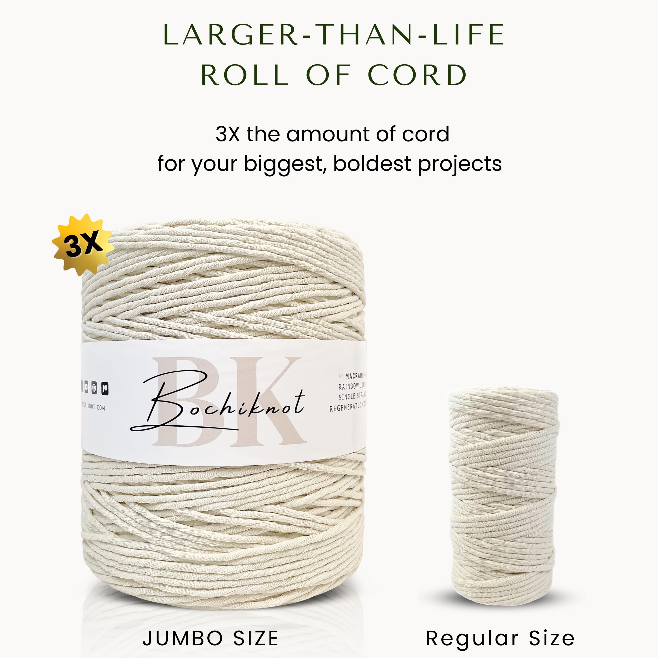 BOCHIKNOT Cuerda de macramé de 3 mm en rollo jumbo, 650 yardas, cuerda de algodón para macramé, hilo de 3 mm, cuerda de algodón para anudar, ganchos de plantas (color, natural y dorado)