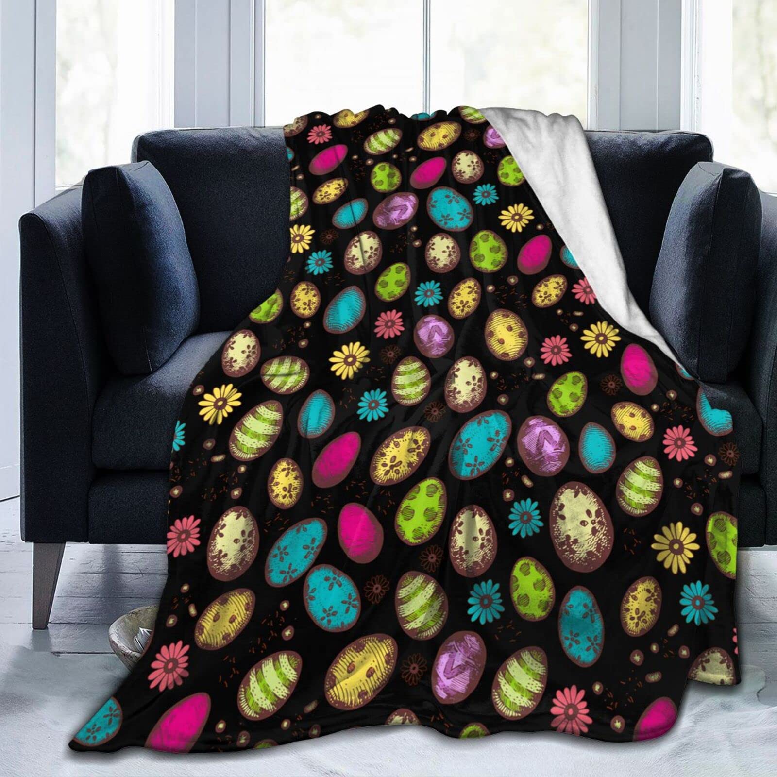 Lsjuee Easter Eggs Throw Blanket Warm Cozy Lightweight Blankets Easter Gift Soft Flannel Blanket for Sofa Couch Bed Office Holiday Decorative 80"X60"