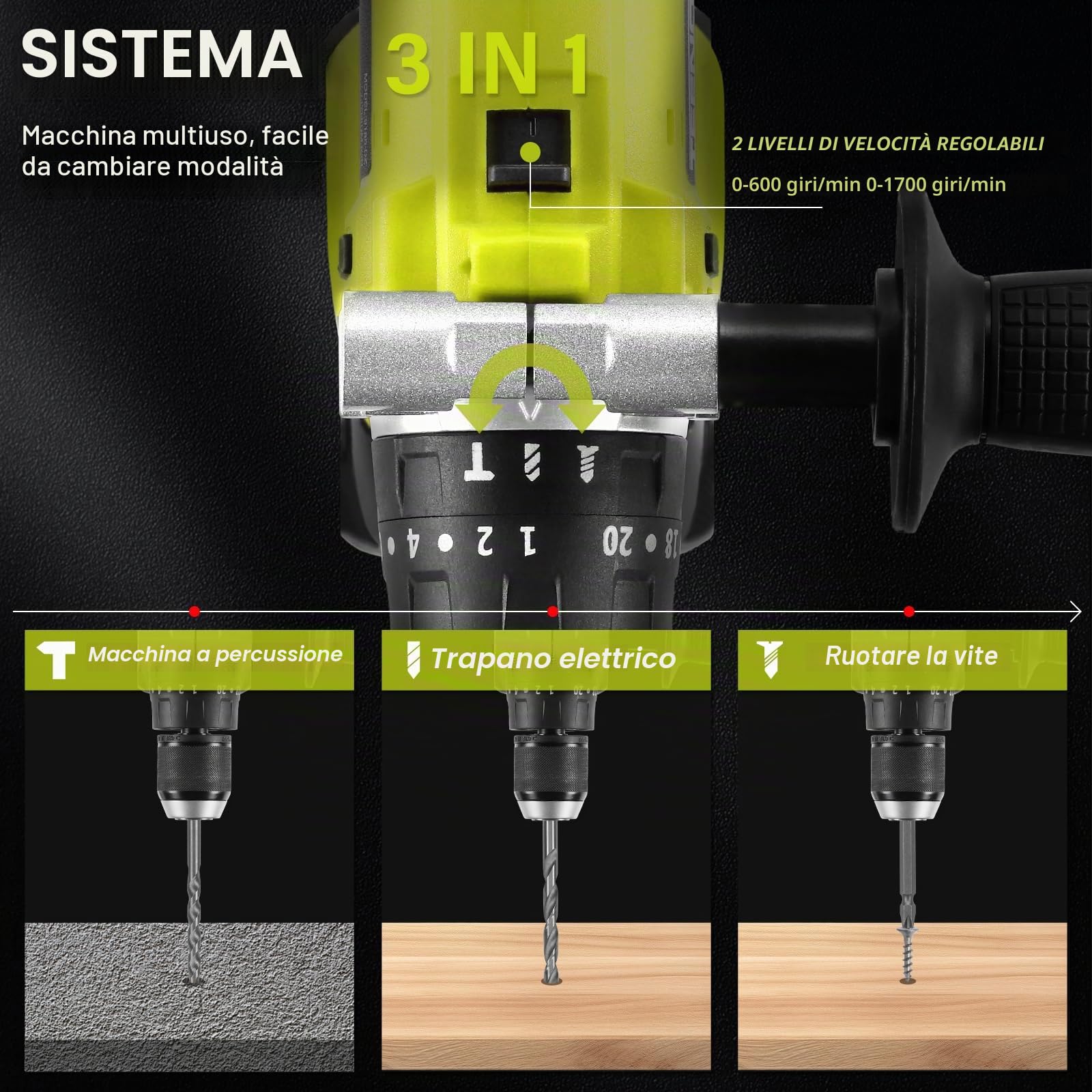 DEWINNER Percussione Batteria 21V,90Nm Trapano Avvitatore a Batteria con 2 Batterie 4Ah, 20+3 Coppie, 13mm Mandrino, 2 Velocità, 39 Accessori e Valigetta, per Casa Riparazione, Fai da te