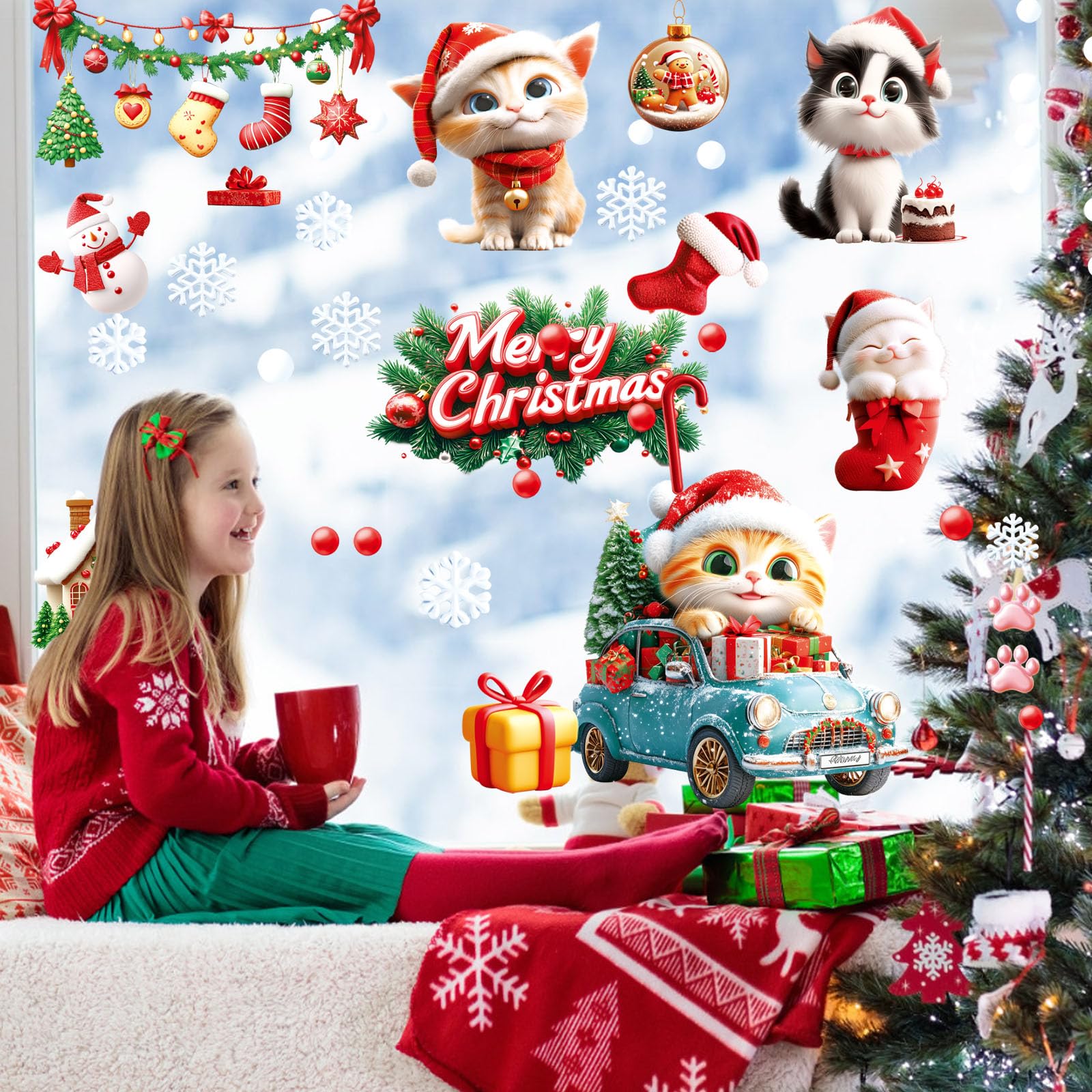 Christmas Window Clings for Glass Decorations, 9 Sheet Snowflakes Xmas Decorations Window Sticker Decals for Holiday Party Double Side Reuseable Stickers (Christmas Cats)