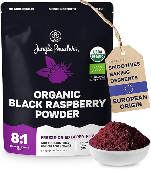 Jungle Powders Organic Black Raspberry Powder 5 Ounce Bag, USDA Organic Freeze Dried Raspberries Fruit Whole Berry for Baking, Additive Filler Free Superfood Extract Rasberries Smoothies Dehydrated
