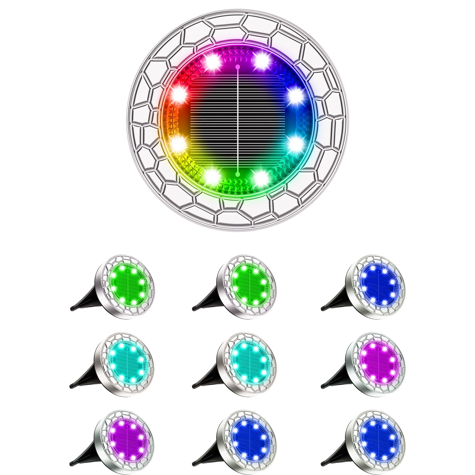 FIFlying Solar Lights Outdoor Garden, 10 Pack RGB 8 LED Stone Design Stainless Steel Solar Garden Lights, IP65 Waterproof Ground Light for Pathway, Lawn, Yard Decorative Lighting