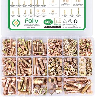 FOLIV 608pcs Grade 8 Heavy Duty SAE Bolts Nuts Washers Kit - 1/4-20, 5/16-18, 3/8-16, 1/2-13 Hex Assortment for Repairs
