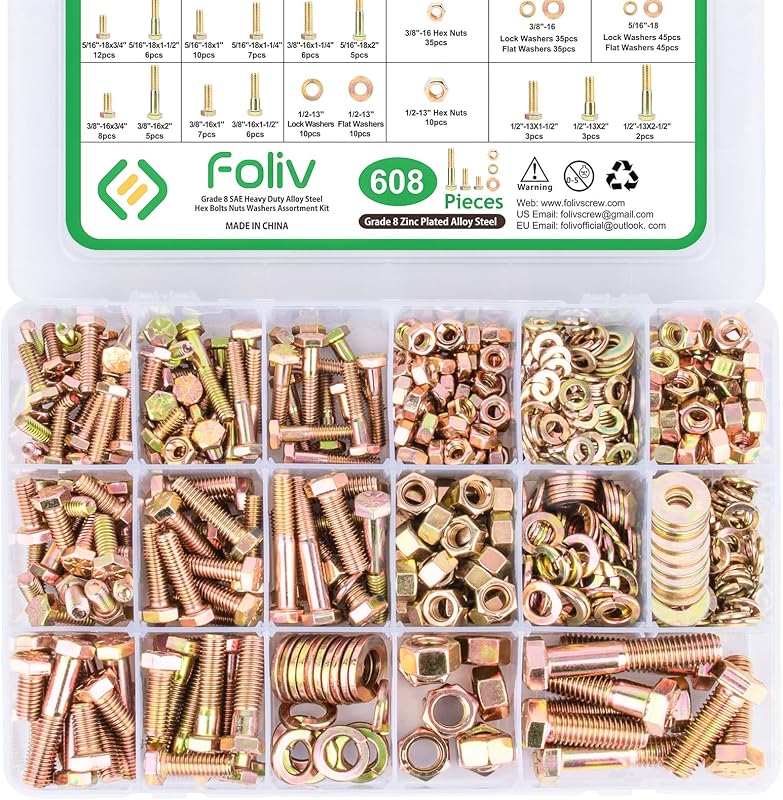FOLIV 608pcs Grade 8 Bolts and Nuts Assortment Kit, 1/4-20, 5/16-18, 3/8-16, 1/2-13 Heavy Duty Hex SAE Bolts Nuts Washers Assortment Kit