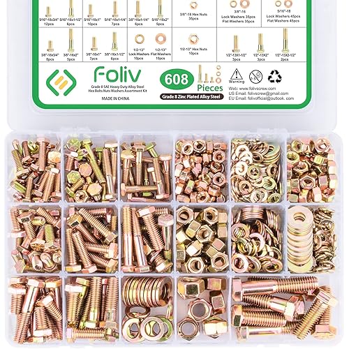 FOLIV 608pcs Grade 8 Bolts and Nuts Assortment Kit, 1/4-20, 5/16-18, 3/8-16, 1/2-13 Heavy Duty Hex SAE Bolts Nuts Washers Assortment Kit