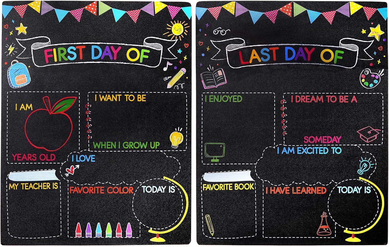 First and Last Day of School Sign Double-Sided 14x11 Inch, Reusable Chalkboard Back to School Board - Photo Prop for Preschool, Kindergarten, 1st-12th Grades