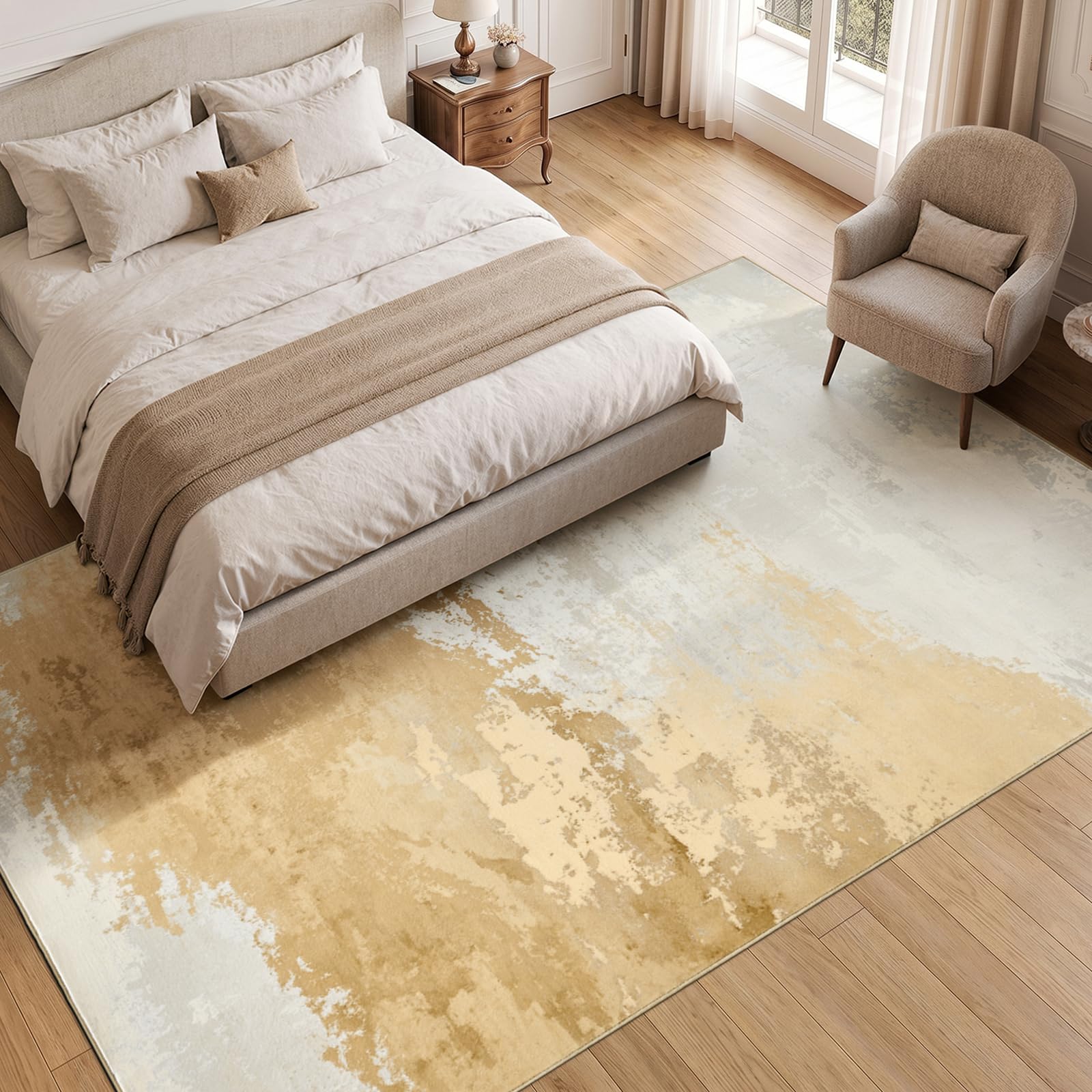 TOPICK Abstract Living Room Rug 200x290, Beige, Cashmere Texture, Washable — image 1
