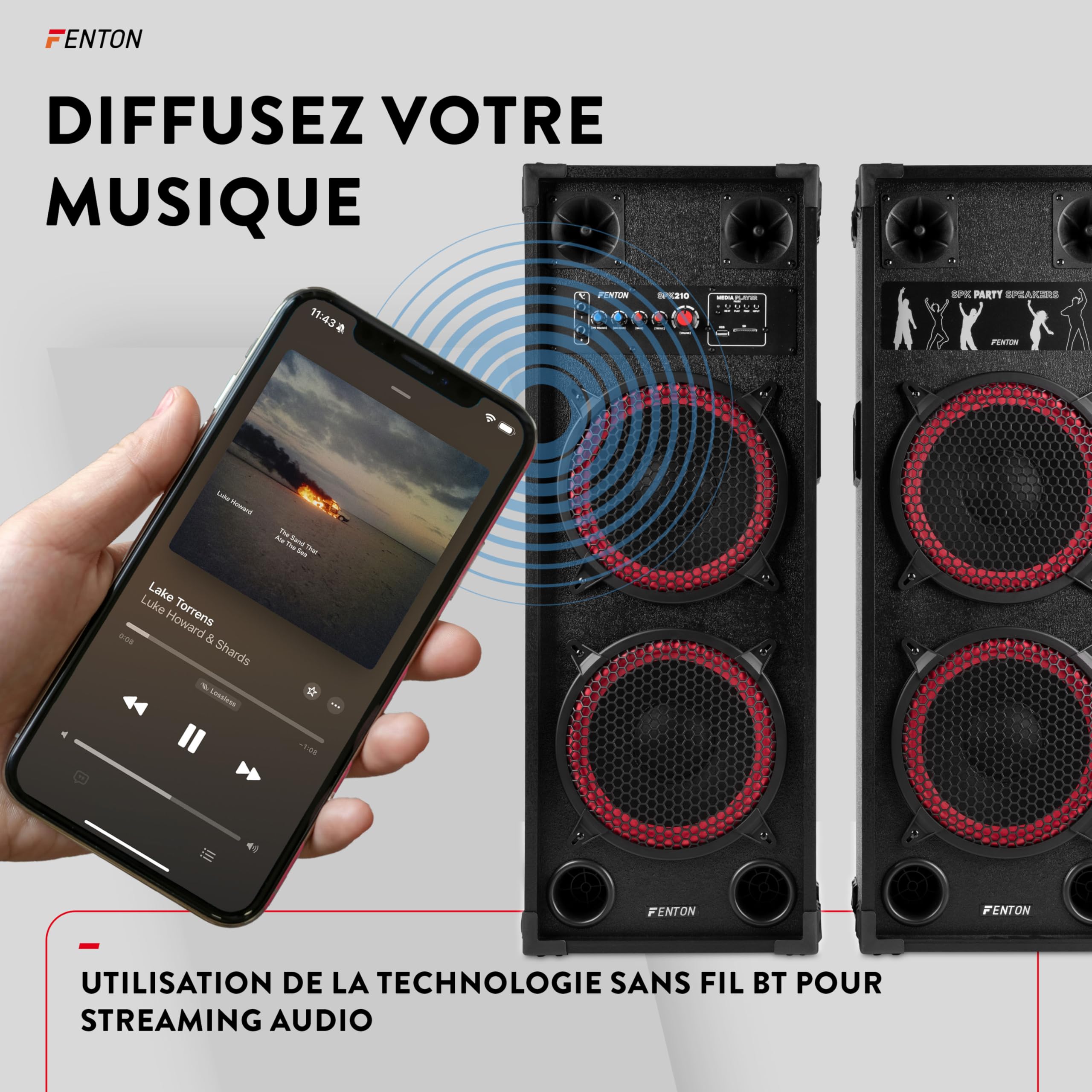 Fenton SPK-210 - Pack d’Enceintes Actives PA 1200 W (2×10″) - BT sans Fil, USB/SD, entrées micros - Système Sono idéal soirées, DJ, karaoké