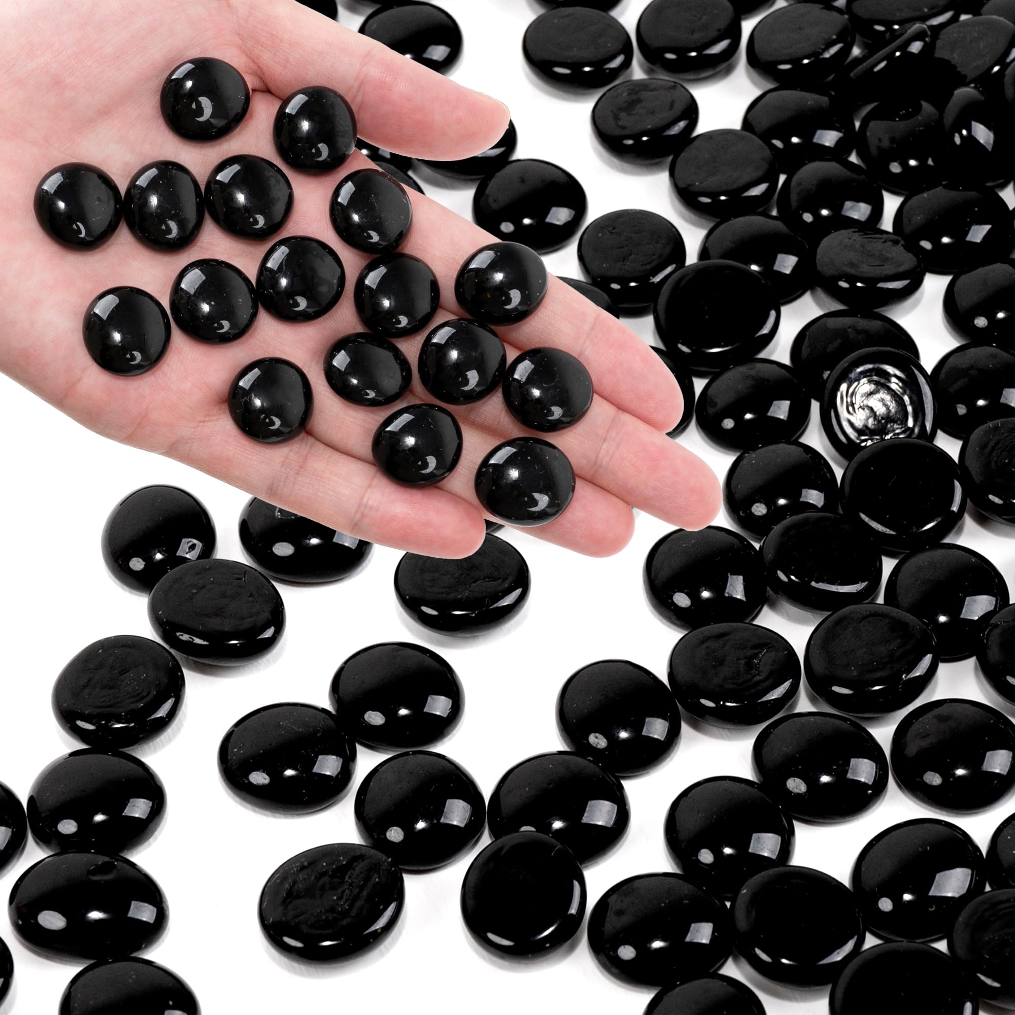 Foncomy Black Flat Glass Marbles, 440g Vase Filler Pebbles Gems, Decorative Glass Beads for Vases, Crafts, Floral, Mancala Stones, Aquarium Rocks for Fish Tank, 17-19mm (Approx. 80-100 PCS)