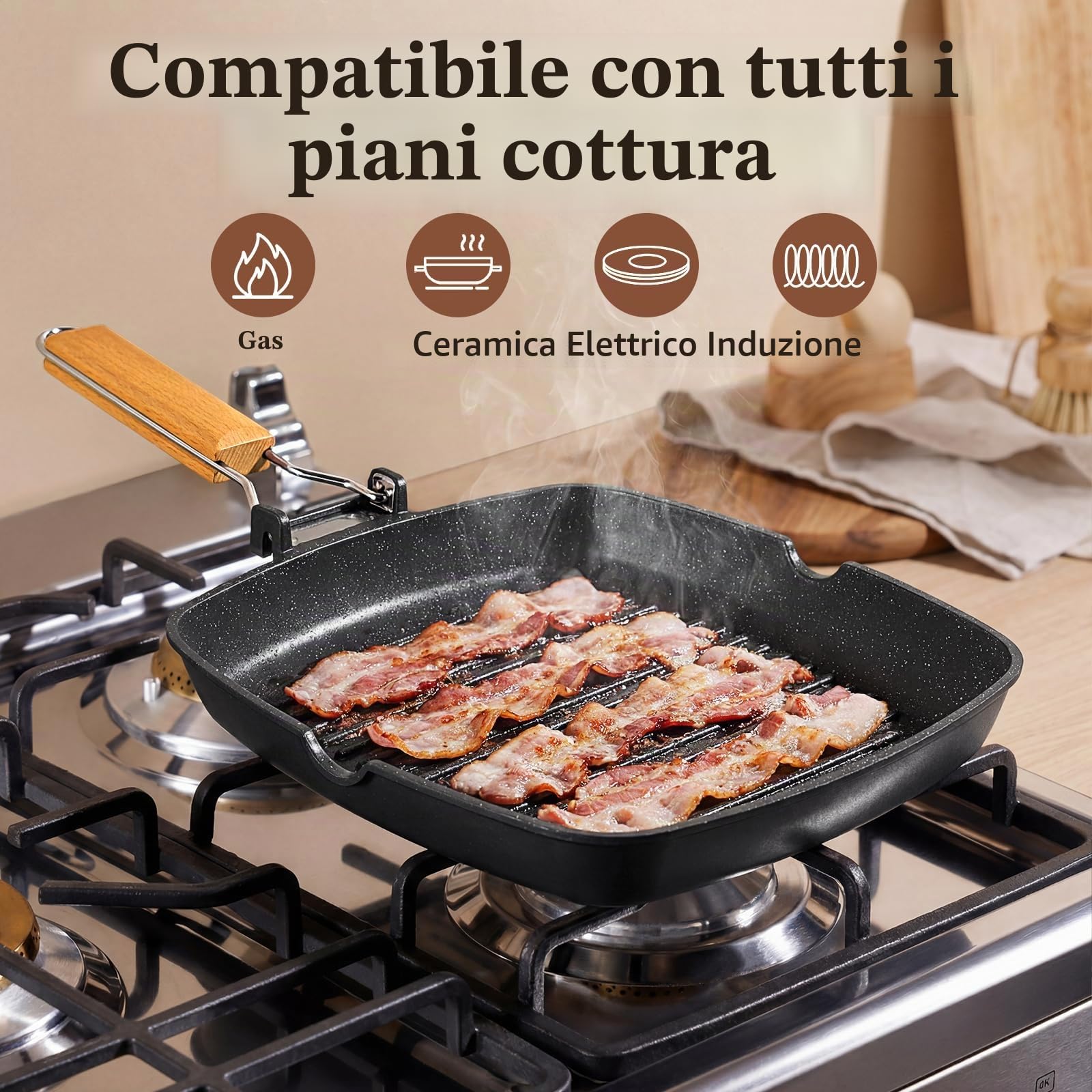 GiPP Bistecchiera antiaderente 24 x 24 cm Grill con manico pieghevole | Adatta per Tutti i Tipi di Fornelli, Induzione, gas, ceramica, elettrico, Alluminio, Facile da riporre e salvaspazio