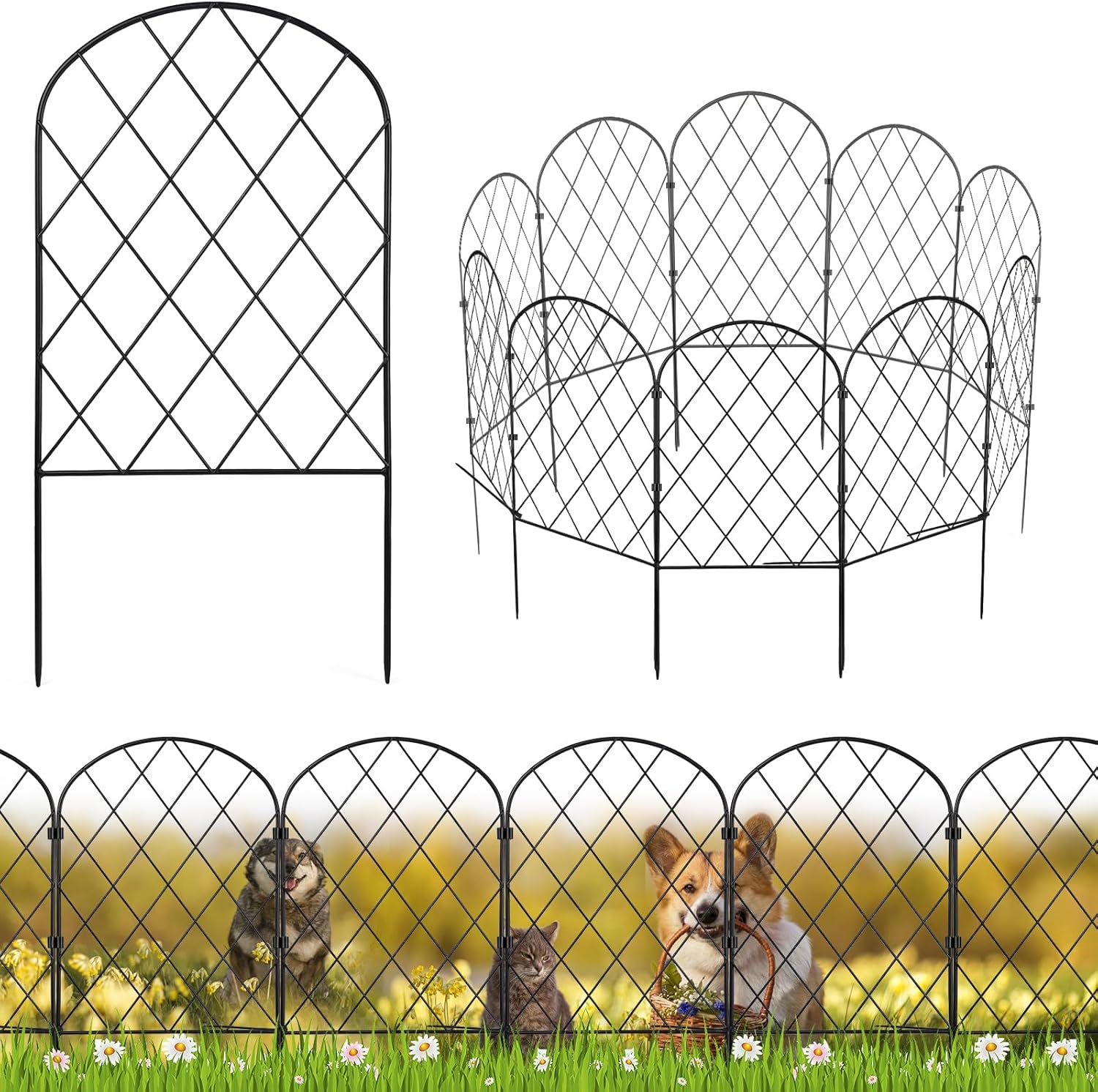 10 Pack No Dig Decorative Garden Fence, 17" H x 10.7ft, Rustproof Metal Animal Barrier Fence for Dogs & Rabbits, Arched Iron Border Edging for Flower Bed, Yard, Lawn & Patio