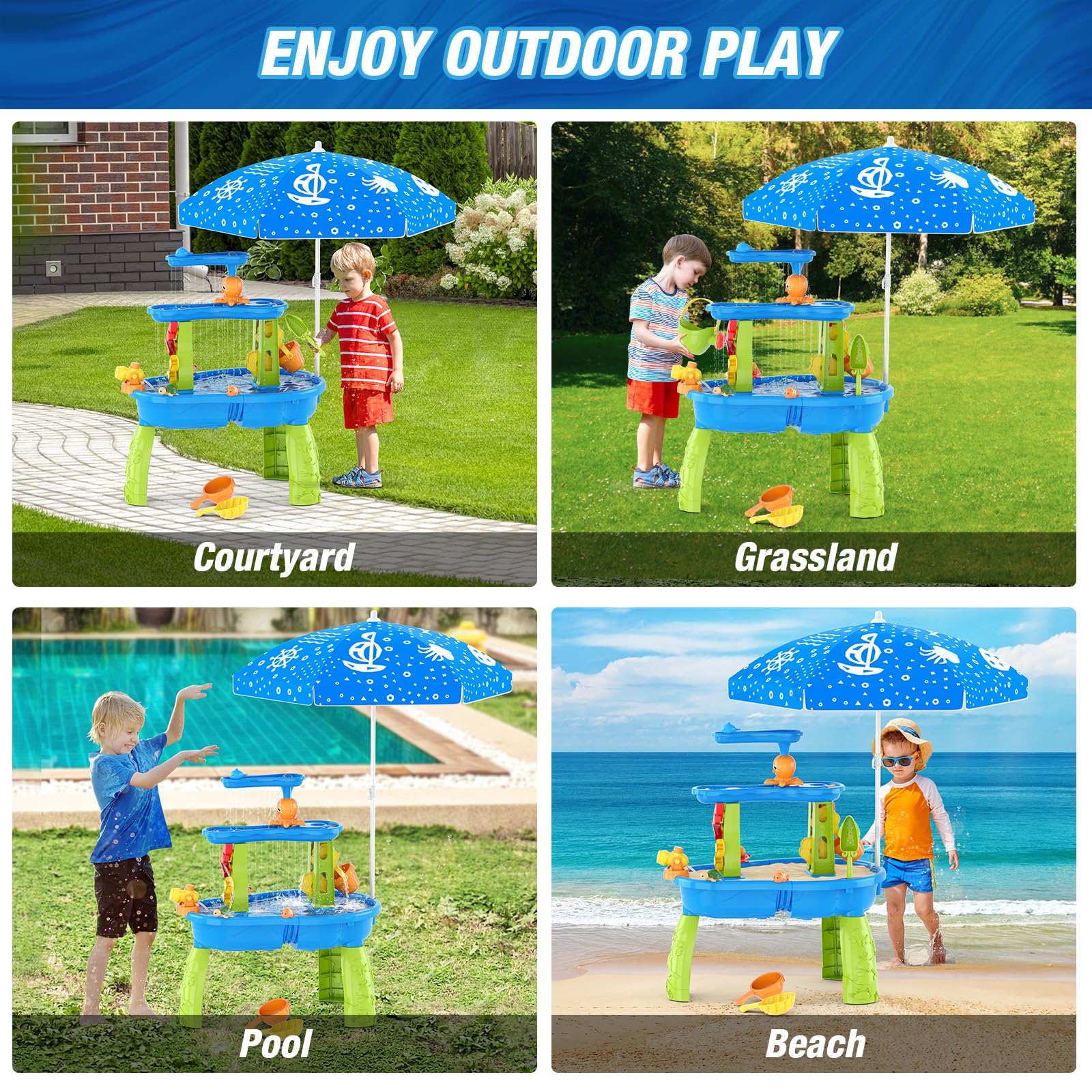 HYES Table d'eau pour Enfants, 3-Tier Table Sable et Eau Jouets avec Parapluie, Douches de Pluie Splash étang pour Plage Cour, Table Eau Sable Jeux de d'été Exterieur pour Garçons Filles, Bleu